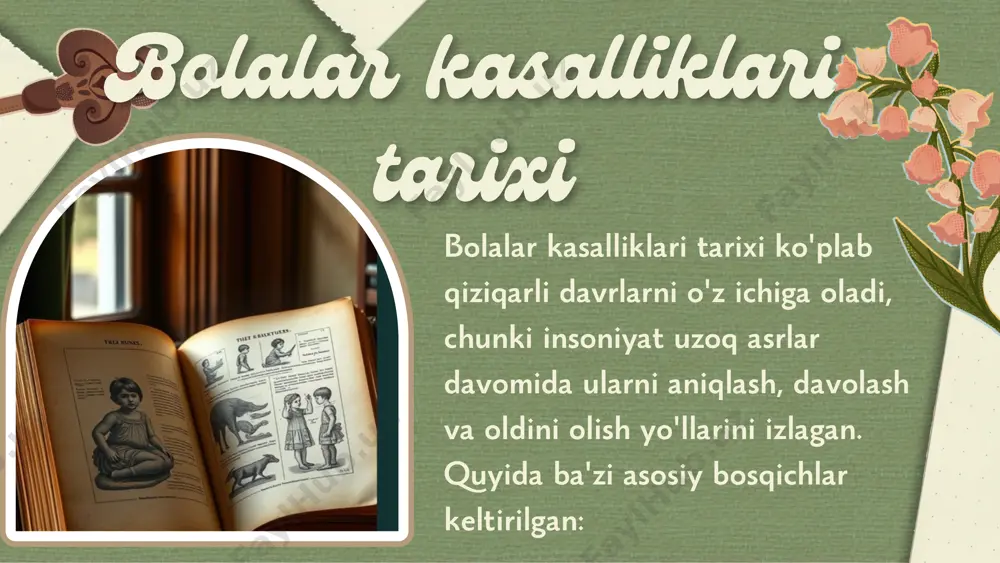 ning salomatligi yaxshilandi va yuqumli kasalliklarga qarshi kurashishda yangi umid paydo bo'ldi. 3. kelajak uchun asos: jennerning kashfiyoti nafaqat chechakdan himoya qilishda, balki boshqa yuqumli kasalliklarni oldini olishda ham katta ahamiyat kasb etdi. vaksinatsiya g‘oyasi tibbiyotning muhim qismiga aylandi, va keyinchalik difteriya, qoqshol, poliomiyelit kabi boshqa kasalliklarga qarshi ham vaksinlar ishlab chiqildi. 1. chechak vaksinatsiyasi: 18-asrda chechak (variola) juda xavfli va o'limga olib keladigan yuqumli kasalliklardan biri edi, ayniqsa, bolalar uchun. jennerning vaksinasi esa oddiy texnikaga asoslangan edi: u sigirlarda uchraydigan "sigir chechagi" (cowpox) bilan kasallangan bemorlarning suyuqligini olib, sog‘lom insonlarga singdirish orqali chechakka qarshi immunitet hosil qilishga erishdi. 1796 yilgi jenner kashfiyoti tufayli bolalar salomatligi sezilarli yaxshilandi va keyingi asrlarda yuzlab million odamlarning hayoti saqlab qolindi. bu kashfiyot zamonaviy tibbiyotda inqilob bo‘ldi va hozirgi zamonaviy vaksinatsiya dasturlarining boshlanish nuqtasi hisoblanadi. sanitariya sharoitlari yaxshilanishi va ilmiy rivojlanish bolalar kasalliklarining kamayishiga olib keldi. 1920-yillarda difteriya va qoqsholga qarshi vaksinatsiya ishga tushirildi. …