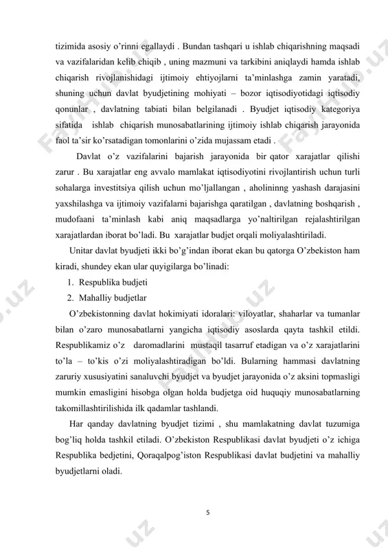 ash, foydalanish paytida yuzaga keluvchi va ro’yabga chiquvchi iqtisodiy munosabatlar hisoblanadi va uning asosida doimo moddiy ishlab chiqarish hamda nomodiy xizmat ko’rsatishlar yotadi. huquqiy kategoriya sifatida byudjet tegishli hudud doirasida markazlashtirilgan pul fondlarini shakllantirish, taqsimlash, foydalanishga qaratilgan va tegishli davlat yoki mahalliy hokimiyat idorasi tomonidan tasqidlangan asosiy moliyaviy reja, yuridik me’yorlardan iborat. byudjeti alohida bir mamlakatninng asosiy moliyaviy rejasi sifatida quyidagi belgilar tavsiflanadi. · byudjet universal moliyaviy reja sifatida tegishli hududning iqtisodiy va ijtimoiy taraqqiyotining barcha sohalari va yo’nalishlarini to’la qamrab oladi. · byudjet boshqa turdagi moliyavity rejalarga nisbatan muvofiqlashtiruvchi vazifani bajaradi. davlat byudjetiga quyidagicha ta’rif berilgan: “davlat byudjeti – davlat pul mablag’larining (shu jumladan davlat maqsadli jamg’rmalari mablag’larining) markazlashtirilgan jamg’armasi bo’lib, unda daromadlar manbalari va ulardan tushumlar miqdori, shuningdek, moliya yili mobaynida aniq maqsadlar uchun ajratiladigan mablag’lar sarfi yo’nalishlari va miqdori nazarda tutiladi”. mahalliy byujedlar – hududiy moliyaning asosiy tashkil etuvchi hisoblanadi. mahalliy byudjetlarning daromadlari, asosan, mahalliy soliqlar va …