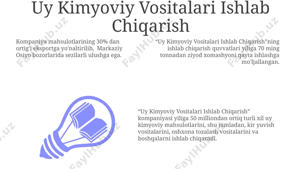 ishlatiladi, qolgan qismi esa eksport qilinadi. plastik va polimerlar ishlab chiqarish "plastik va polimerlar ishlab chiqarish" korxonalari yiliga o'rtacha 150 ming tonnadan ortiq polietilen va polipropilen ishlab chiqaradi, bu mamlakatning ichki ehtiyojini qondirish va eksport qilish imkonini beradi. uzbekistanning plastik va polimerlar ishlab chiqarish sohasidagi yirik korxonalari 50 dan ortiq turdagi mahsulotlarni, jumladan, kino, trubalar, idishlar va boshqalarni ishlab chiqaradi. sohada 2000 dan ziyod ishchi faoliyat yuritadi va o'rtacha yillik o'sish sur'ati 10% ni tashkil etadi, bu sohaning yuqori rivojlanish potentsialidan dalolat beradi. bo'yoqlar va laklar ishlab chiqarish “bo'yoqlar va laklar ishlab chiqarish” o'zining 20 yillik faoliyati davomida 100 dan ortiq turdagi bo'yoq va lak mahsulotlarini ishlab chiqarish texnologiyalarini takomillashtirdi va diversifikatsiya qildi. “bo'yoqlar va laklar ishlab chiqarish” korxonasi yiliga 5000 tonnadan ortiq turli xil bo'yoq va lak mahsulotlarini, shu jumladan, avtomobil, sanoat va qurilish sohalari uchun mo'ljallangan maxsus formulalarni ishlab chiqaradi. korxonaning mahsulotlari iso 9001 va iso 14001 xalqaro …