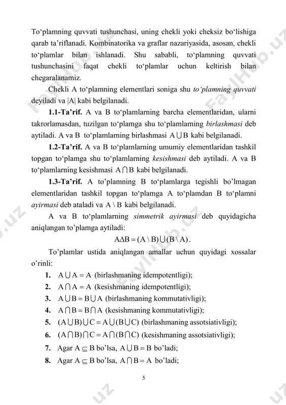 aksi (obrazi), а 7 element esa b ning f akslantirishdagi asli (proobrazi) deyiladi va b = f(a) ko’rinishida belgilanadi. а to’plam f akslantirishining aniqlanish sohasi f(a) = {bb | b = f(a), aa} to’plam esa qiymatlar(o’zgarish) sohasi deyiladi. berilgan bb elementning barcha proobrazlar to’plamini f-1(b) orqali belgilaymiz, ya’ni f-1(b) = {aa | f(a) = b}. 1.1-misol. a = {1, 3, 5, 7, 9}, b = {a, b, c, d} to’plamlar berilgan bo’lib, f akslantirish quyidagicha aniqlangan bo’lsin f(1) = b, f(3) = c, f(5) = d, f(7) = c, f(9) = d. u holda f(a) = {b, c, d} va f-1(b) = {1}, f-1(c) = {3, 7}, f-1(b) = {1} bo’ladi. 1.6-ta’rif. agar f: a  b akslantirish a to’plamning turli elementlarini turli xil elementlarga o’tkazsa, ya’ni а1, а2  а lar uchun f(a1) = f(a2) tenglikdan а1 = а2 tenglik kelib chiqsa, f akslantirish inyektiv akslantirish deyiladi. 1.7-ta’rif. agar …