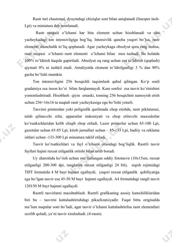 olib tashlash bilan boshqariladi. palitra oynasi sarlovxasining o’ng tomonida menyuga olib boruvchi tugmacha bo’lib, bu menyu palitra ob’ektlari va ko’rsatkichlarni sozlash bilan ishlovchi buyruqlardan iborat. ayrim palitralar kiritish maydonlari tugmasiga ega. palitrani ekranning xoxlagan joyiga joylashtirish, boshqa palitra oynasiga qo’shish va mavjud elementlardan kombinatsiya hosil qilish mumkin. dasturda quyidagi palitralar (asosiylari) keltirilgan: · «cloi» (layers) palitrasi; · «kanal» (channels) palitrasi; · «kontur» (paths) palitrasi; · «kisti» (brushes) palitrasi; · «parametr» (parameters) palitrasi; · «sintez» (color) palitrasi; · «katalog» (swatches) palitrasi; · «dizayn» (design) palitrasi; · «info» (info) palitrasi; · «komando’» (navigator) palitrasi; · «operaptsii» (actions) palitrasi; · «obozrevatel faylov» (file browser) palitrasi; har bitta palitraning ishlatilishiga qarab chiqamiz. «sloi» (qatlamlar) palitrasi qatlamlarni hosil qilish, birlashtirish, nusxalash, o’chirish uchun shu bilan birga niqob qatlamlarini hosil qilish uchun ishlatiladi. bulardan tashqari, bu palitra tasvirlarning aloxida qatlamlarini boshqarish imkoniyatini beradi. qatlam ko’rsatkichlarini aniqlash, ularning joylashish tartibini o’zgartirish va qatlamlar ustida turli operatsiyalar bajarish …