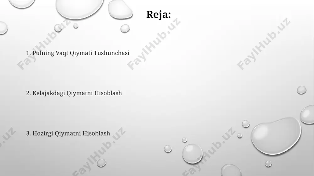kalari bilan kreditlarni hisoblashda muhim rol o'ynaydi, bu esa ularning kelajakdagi daromadlarini aniqlashga yordam beradi. murakkab foiz hisobi, 5% dan yuqori yillik stavka bilan 10 yil davomida 10,000 aqsh dollari miqdoridagi investitsiyaning yakuniy qiymatini hisoblashda, toshkentdagi banklar tomonidan qo'llaniladigan standart formulalar qo'llaniladi. investitsiyalarni baholash investitsiyalarni baholashda, masalan, toshkentdagi 10% foiz stavkasi bilan 5 yillik muddatga berilgan 1 million so'mlik kreditning kelajakdagi qiymatini hisoblashda murakkab foiz hisob-kitoblaridan foydalaniladi. xalqaro moliya institutlari tomonidan 2023-yilda o'tkazilgan tadqiqotlar shuni ko'rsatdiki, inflyatsiya darajasining o'sishi investitsiyalarni baholashda diskont stavkalarining o'zgarishiga olib keladi, bu esa 2-3% ga qadar xatolikka olib kelishi mumkin. aqshning nyu-york fond birjasidagi aktsiyalar portfeliga investitsiya qilishda, 10 yillik o'rtacha rentabellikni hisobga olgan holda, net present value (npv) usuli yordamida investitsiyaning rentabelligini aniqlash mumkin. perpetuitetlar perpetuitetlarning hozirgi qiymatini hisoblashda foiz stavkasi muhim rol o'ynaydi. masalan, 5% lik diskont stavkasida nyu-yorkda joylashgan kompaniya uchun yillik 500 aqsh dollari miqdoridagi abadiy toʻlovlarning hozirgi qiymati 10,000 aqsh …