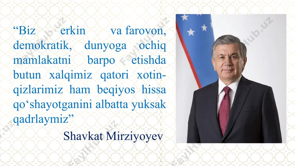 yalaydi. shu bois, ayollarning ta’lim olishiga keng yo‘l ochish, ularni qo‘llab-quvvatlash muhim ahamiyat kasb etadi. xulosa xulosa qilib aytadigan bo‘lsak bugungi kunda jahon miqyosida ilm-fan, ta’lim va ma’naviyat sohalarining rivojida xotin-qizlarning o‘rni tobora ortib bormoqda. ularning ilmiy izlanishlari, ta’limdagi faolligi va ma’naviy-ma’rifiy sohadagi ishtiroki jamiyat taraqqiyotiga beqiyos hissa qo‘shmoqda. image9.svg image3.png image11.svg image4.png image1.png image7.svg image2.png image5.png image6.jpg image7.png image8.jpeg image9.png image10.png image20.svg image11.png image22.svg image12.jpeg image13.jpg image14.jpg image15.jpg /docprops/thumbnail.jpeg