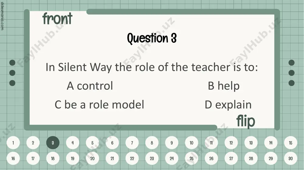 proach 22 front flip 1 2 3 4 5 6 7 8 9 10 11 12 13 14 15 16 17 18 19 20 21 22 23 24 25 26 27 28 29 30 question 23 what is the role of the student in alm? a students are imitators of the teacher’s model b as a student-centered learning c students communicate a lot d students are listeners of the teacher's model 23 front flip 1 2 3 4 5 6 7 8 9 10 11 12 13 14 15 16 17 18 19 20 21 22 23 24 25 26 27 28 29 30 question 24 what kind of element that used in the sentence? “teacher: i want to go to the market student: i want to go to the market” a repetition b inflection c restatement d paraphrase 24 front flip 1 2 3 4 5 6 7 8 …