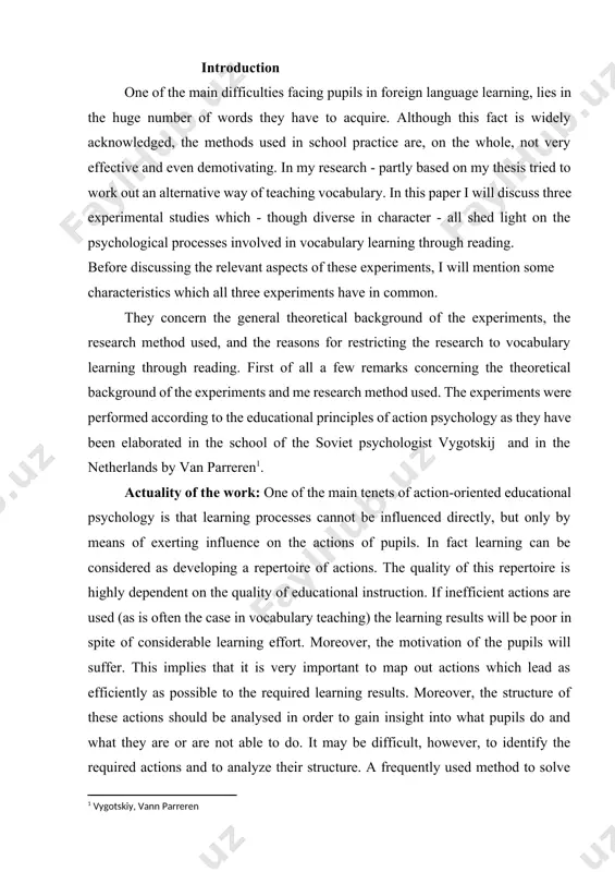 n. if inefficient actions are used (as is often the case in vocabulary teaching) the learning results will be poor in spite of considerable learning effort. moreover, the motivation of the pupils will suffer. this implies that it is very important to map out actions which lead as efficiently as possible to the required learning results. moreover, the structure of these actions should be analysed in order to gain insight into what pupils do and what they are or are not able to do. it may be difficult, however, to identify the required actions and to analyze their structure. a frequently used method to solve these problems is the method of thinking aloud. in this qualitative method (which i used too) generally subjects from different ability ranges are requested to perform a variety of tasks in the target area while thinking aloud. the protocol records thus obtained can then be …