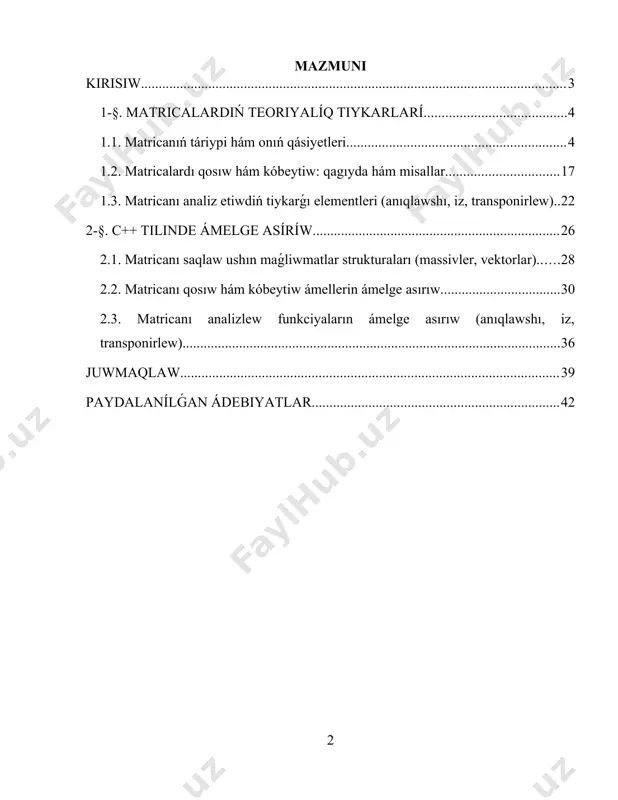 nadı. solay etip, c++ tilinde matricanı qosıw, kóbeytiw hám analizlewdi úyreniw sızıqlı algebranıń teoriyalıq bilimlerin bekkemlew menen birge, esaplaw matematikası hám informaciya texnologiyaları tarawında real máselelerdi sheshiw ushın zárúr bolatuǵın programmalastırıwdıń ámeliy kónlikpelerin qáliplestiriwshi áhmiyetli másele bolıp tabıladı. 1-§. matricalardiń teoriyalíq tiykarlarí. c++ programmalastırıw tilinde matricalar ústinde ámellerdi ámeliy ámelge asırıwǵa ótiwden aldın usı esaplawlar tiykarında jatatuǵın teoriyalıq tiykarlardı kórip shıǵıw kerek. siziqli algerbra matricalardıń tábiyatın túsiniw hám olardı ilim hám texnikanıń hár qıylı tarawlarında qollanıw ushın tiykar jaratadı. matrica qatar hám baganalarda jaylasqan sanlardıń tártiplesken kestesinen ibarat bolip, kóp ólshemli magliwmatlar hám tenlemeler sistemasın kórsetiwdiń qolaylı forması bolip esaplanadı. matricalardıń qásiyetlerin biliw olar ústinde ámellerdi nátiyjeli orınlaw hám ámeliy máselelerdi sheshiwde qollanıw imkaniyatın beredi. matricalardı qosıw hám kóbeytiw sızıqlı algebranıń tiykarǵı ámelleri esaplanadi. olardıń durıs orınlanıw shártlerin belgilep beretuǵın qatań qaǵıydaları bar. bul operaciyalar proceslerdi modellestiriwde, kompyuter grafikasında, signallarga islew beriwde hám basqa kóplegen bagdarlarda keń qollanıladı. bunnan tisqarı, …