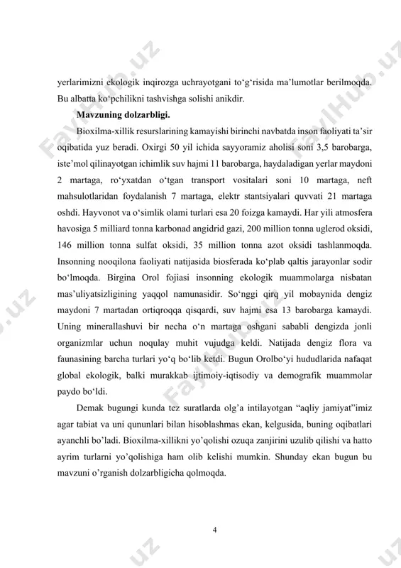 g natijasi va hosilasidir. so‘nggi yillarda tabiatda antropogen (shuningdek, texnogen) ta’sirning zo‘rayganligi, ekologik o‘zgarishlarning sodir bo‘layotgani hamda o‘rmonlar (ayniqsa, nam tropik o‘rmonlar) egallagan hududlarning o‘rmonlarning kesilishi natijasida qisqarishi natijasida bioxilma-xillikka putur etdi, ko‘plab o‘simlik va hayvonot turlari butunlay yo‘qoldi yoki ularning soni keskin kamaydi. bioxilma-xillik bu sayyoramizning hayot resurslarini saqlab qolish demakdir. bmt ma’lumotlariga binoan, yer yuzi aholisi tez ko‘payib borayotgan bir paytda, hayvonot dunyosi 3/1 qismga kamayib bormoqda. xususan, 21 foiz sut emizuvchilar, 30 foiz sudralib yuruvchilar, 12 foiz qushlar, 17 foiz akulalar hamda 27 foiz korallar yer yuzidan batamom yo‘qolib ketishi mumkin. ayniqsa, yevropada industrial rivojlanish tufayli qishloq xo‘jaligi hududlaridagi qushlar soni 40 foizga, iqlim o‘zgarishi tufayli dengiz qushlari soni esa 44 foizga kamaygan (1.1-rasm). bu ma’lumotlarga qaraganda bioxilma-xillik misli qo‘rilmagan darajada kamayib bormoqda, o‘simlik va hayvonot turlarining yo‘qolish sur’ati nihoyatda yuqoridir. 1.1-rasm. bioxilma-xillikning yer yuzida va o’zbekistondagi holati. buning sabablari sifatida – atrof tabiiy muhit holatining yomonlashuvi, …