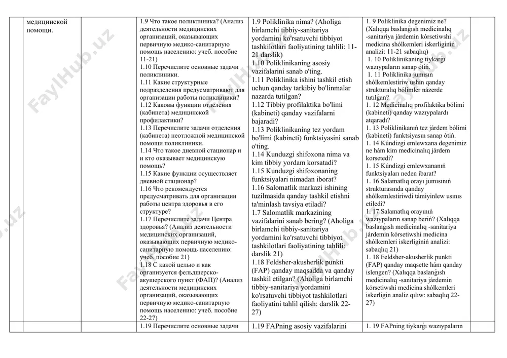itariya yordamini ko'rsatuvchi tibbiyot tashkilotlari faoliyatining tahlili: darslik 8-9) 1. 1 xalıqqa medicinalıq -profilaktika járdemin shólkemlestiriwdiń tiykarǵı principlerıni anıqlań? mamatqulov 377 1. 2 respublikada zamanagóy den sawlıqtı saqlaw sistemasın jaratıwdıń zárúrli ústin turatuǵın baǵdarları nelerden ibarat? mamatqulov 377 1. 3 birlemshi medicinalıq -sanitariya járdemi sistemasın jáne de reformalawdıń tiykarǵı baǵdarların aytip beriń? mamatqulov 378 1. 4 2017-2021 jıllarǵa mólsherlengen ózbekstan respublikası bmsj shólkemi iskerligin shólkemlestiriwdi jáne de jetilistiriw boyınsha qanday ilajlar kompleksi tastıyıqlanǵan? mamatqulov 379 1. 5 bmsjǵa tariyp beriń. mamatqulov 379 1. 6. xalıqtı bmsj menen támiyinlew ne? mamatqulov 379 1. 7 bmsj nelerdi óz ishine aladı? mamatqulov 380 1. 8 xalıqqa járdem kórsetiwdiń uchastka principi neni ańlatadı? (xalıqqa birlemshi medicinalıq -sanitariya járdemin kórsetiwshi medicina shólkemleri iskerliginiń analizi: sabaqlıq 8-9 ) подтема 4 вопросы 40 1.9 что такое поликлиника? (анализ деятельности медицинских организаций, оказывающих первичную медико-санитарную помощь населению: учеб. пособие 11-21) 1.10 перечислите основные задачи поликлиники. 1.11 какие структурные …