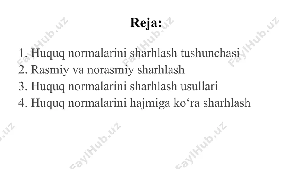 yektlari tomonidan amalga oshirilishi mumkin. - legal sharhlash (vakolatli subyekt tomonidan beriladi). kazual sharhlash bu sharzlash rasmiy hisoblansada, u umummajburiy xarakterga ega bo'lmaydi va muayyan hodisaga nisbatan huquq normasini qollash jarayonida amalga oshiriladi. u aniq bir ishni vakolatli organ tomonidan ko‘rib chiqilayotgan paytda beriladi va qoida tariqasida aynan ushbu ish uchun majburiy xarakterga ega bo‘ladi. normativ sharhlash norasmiy sharhlash o‘z vazifasiga ko‘ra bevosita huquq normalarini sharhlash vakolatiga ega bo'lmagan subyektlar tomonidan amalga oshiriladi. bunday subyektlar sifatida ilmiy muassasalar, olimlar, nodavlat tashkilotlari, amaliyot xodimlarini ko‘rsatib o'tish mumkin. ular huquq normalarini tushuntirishni tavsiya va maslahat berish kabi shakllarda amalga oshiradi. tushuntirishning bunday turi yuridik jihatdan majburiy ahamiyatga ega bo'lmaydi. malakali (professional) sharxlash normativ sharhlashning ko’rinishlari oddiy sharxlash ilmiy (doktrinal) sharxlash ilmiy (doktrinal) sharhlash bu huquq sohasidagi mutaxassislar, olimlar tomonidan amalga oshiriladigan va ilmiy ahamiyatga ega bo‘lgan norasmiy sharhlash turi. nazariy sharhlash huquqshunos olimlarning maqolalari, monografiyalari va boshqa ishlarida o‘z aksini topadi. bunday …