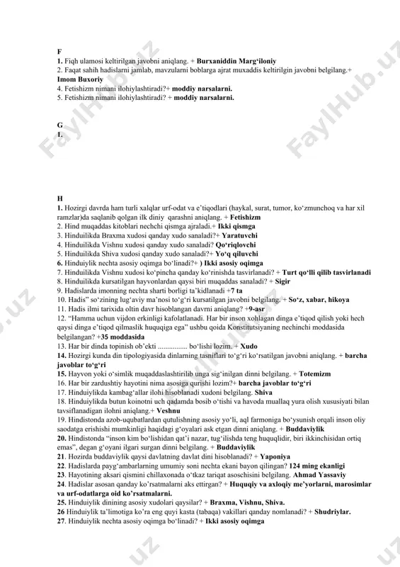 t’i nazar unga e’tiqod qilishlari mumkin bo‘lgan dinlar qanday nomlanadi? + jahon dinlari 5. “diniy tashkilotlar va birlashmalar davlatdan ajratilgan hamda qonun oldida tengdirlar. davlat diniy birlashmalarning faoliyatiga aralashmaydi” ushbu qoida konstitutsiyaning nechinchi moddasida belgilangan? +75 moddasida 6. davlat va din munosabatlari to‘g‘ri ko‘rsatilgan qatorni belgilang. + din davlatdan ajratilgan 7. diniy tashkilotlarni ruyxatga oluvchi davlat tashkilatini belgilang. + adliya vazirligi 8. dinlarning jamiyatda bajaradigan ijtimoiy, ma’naviy, ruhiy vazifalari nechta. +5 ta 9. dinshunoslik fanini o‘qitishdan maqsad nima? + barcha javoblar to‘g‘ri 10. diniylik va milliylik o‘zaro birlashib ketgan bo‘lib, ularni bir-biridan alohida tushunish mumkin emas bo‘lgan dinni belgilang. + yaxudiylik 11. dinning “kompensatorlik funksiyasi” qanday vazifani bajaradi? + tasalli beruvchilik vazifasini. 12. dast ba kоru dil ba yor (qo’l ishda, allоh dilda bo’lsin) qaysi tariqatning shiоri hisоblangan?+ naqshbandiya. 13. dunyo musulmоnlarining nеcha fоizi islom dinining sunniylik yo’nalishiga e’tiqod qiladilar?+92,5%. 14. dahriylikning falsafiy asоsi nima? + materializm. 15. e 1. …