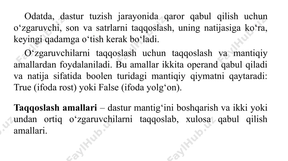 -masala. uch xonali son berilgan. jumlani rostlikka tekshiring: “ushbu sonning barcha raqamlari har xil”. 13-masala. а, в, с sonlar berilgan (a soni noldan farqli). d=b2-4ac diskriminantdan foydalanib, jumlani rostlikka tekshiring: “ax2+bx+c=0 kvadrat tenglama haqiqiy ildizga ega”. 14-masala. x, у sonlar berilgan. jumlani rostlikka tekshiring: “koordinatalari (x,y) bo‘lgan nuqta, koordinata choragining ikkinchisida yotadi”. 15-masala. (x, y), (x1, y1), (x2, y2) sonlari berilgan. jumlani rostlikka tekshiring: “koordinatalari (x,y) bo‘lgan nuqta, chap yuqori cho’qqisi (x1,y1) koordinatalarga ega bo‘lgan va o‘ng pastikisi (x2,y2) bo‘lgan, tomonlari esa koordinata o‘qlariga parallel bo’lgan to‘rtburchak ichida yotadi”. 16-masala. a, b, с butun sonlari berilgan. jumlani rostlikka tekshiring: “a, b, c tomonli uchburchak teng tomonli bo‘ladi”. 17-masala. a, b, с butun sonlar berilgan. jumlani rostlikka tekshiring: “a, b, с tomonli uchburchak yasash mumkin”. 18-masala. shaxmat doskasining x, у koordinatalari berilgan (1-8 oraliqda yotuvchi butun sonlar). doskaning chap pastki maydoni (1,1) qoraligini hisobga olib, jumlani rostlikka tekshiring: “berilgan (x, y) …