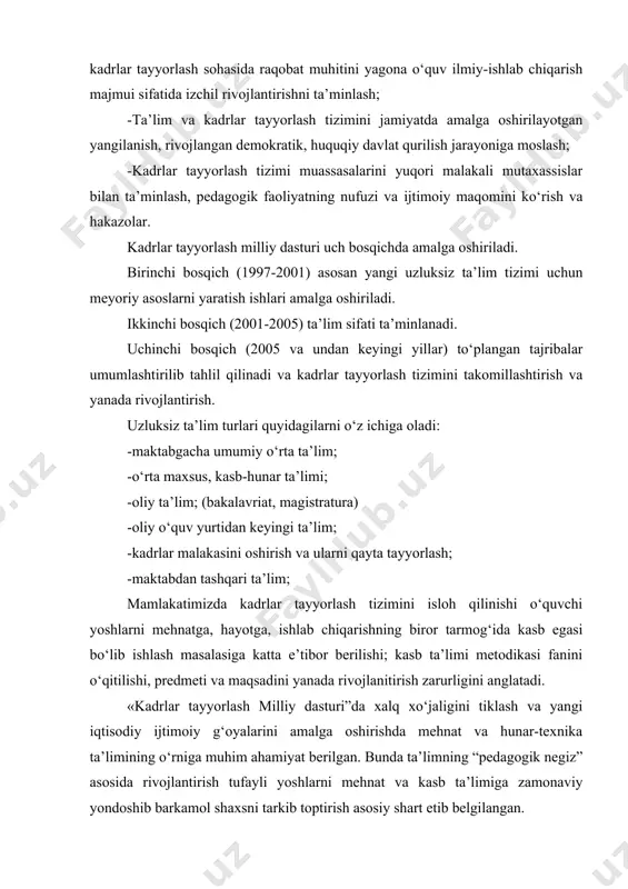 rkib toptirish asosiy shart etib belgilangan. hozirgi zamon talablariga kadr nafaqat umumta’lim, umumtexnik, kasbiy bilim, malaka va ko‘nikma, mahorat hamda umumiy madaniyat egasi balki, tez o‘zgaruvchan, keskin rivojlanuvchi sharoitda uzluksiz bilimini boyitib, yangilab boradigan, o‘z-o‘zini bozor talabi o‘zgarishlariga moslaydigan, mustaqil bilim olish yo‘llarini puxta egallaydigan faol va ijodiy fikrlaydigan bo‘lishi lozim. shu sababli kasbiy ta’limni tuzilishi, mazmunini o‘z vaqtida to‘g‘ri tanlash, yangi pedagogik texnologiya asosida o‘qitish yo‘llari, usullarini belgilash dolzarb masala hisoblanadi. har bir fanning mazmuni, mohiyati ikki qismning uzviy birligida tashkil topadi. birinchisi-konkrekt kuzatuv, fakt, eksperiment materiallari, ikkinchisi-fan tadqiq etgan va nazariy jihatdan umumlashtirilgan qonun, nazariya, konsepsiya, tushuncha, ta’riflardir. ilmiy fikr fanning ikkala qismining doimiy ichki o‘zaro harakati tufayli olg‘a harakat qiladi. fanning mohiyati mazmunini o‘rganishga nisbatan umumiy yondashuv va nazariy asoslash uning metodologiyasini tashkil etadi. fan predmetini tadqiq etish aniq, empirik materialni o‘rganishdan uni umumlashtirishga yo‘naltirilgan, bundan asosiy maqsad ijtimoiy ishlab chiqarish va ijtimoiy ongning amaliy ehtiyojlarini qondiruvchi …