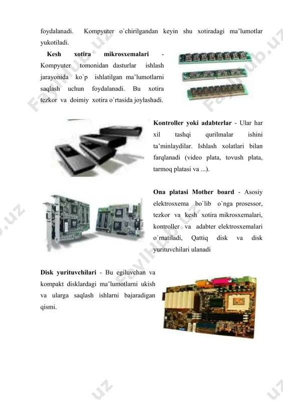 lardagi ma’lumotlarni ukish va ularga saqlash ishlarni bajaradigan qismi. elektr ta’minlovchi blok - har bir qismning o’ziga mos elektrquvvat extiyojini ta’minlovchi blok. 2-topshiriq mavzu:tizimli blokning tarmoq, elektr tok manbasi(quvvat bloki). tizimli blokning tarmoq quvvat bloki(blokpitaniya) elektr ta’minot blokining vazifasi oson + 12 v, - 12v doimiy tok “sof” kuchlanishini otkazishi kerak. elektr ta’mirlash blok yoqilgandan song o‘zi beruvchi signalni nazorat qilib, kerakli sathda kuchlanish stabillashgandan so‘ng tizim platadagi power-gool signalini yuboradi. mikroprotsessor o‘zining registrlarini boshlangich holatga qaytaradi, shundan so‘ng yuklanish boshlanadi. quvvat vatta olchanadi. elektr ta’minot bloki o‘zining quvvati bilan farqlanadi: qancha quvvat katta bo‘lsa, shuncha ko‘p blok elektr ta’mirlash tashqi qurilmalarinigina ta’minlab beradi. zamonaviy kompyuterlarga 300-400 vatt quvvatli elektr ta’minot bloklari qoyiladi. zamonaviy kompyuterlarda elektr ta’minot bloki keluvchi ulanish joylar soni barcha qurilmalarga yoqmaydigan holler bo‘lishi mumkin. energiya zapasi ya’na bo‘lsa, bir tomondan elektr ta’minot ulanish joyiga, ikkinchi tomondan ikki ulanish joyga ulanadigan kabel tarqatuvchidan foydalanish mumkin. eski shaxsiy …