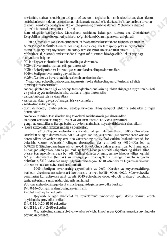 ng yakuniy moliyaviy natijasi uning chorak, yil yakuni bo‘yicha tuziladigan balansida aks etadi. moliyaviy natijalarni buxgalteriyada hisobga olishning asosiy vazifalari quyidagilardir: - moliyaviy natijalarning shakllanishi to‘g‘ri ekanligini o‘rganish; - olingan foyda miqdorini har oyda hamda yil boshidan o‘z vaqtida va to‘g‘ri hisob-kitob qilish; - moliyaviy natijalar bilan bog‘liq operatsiyalarni va ularning taqsimlanishini buxgalteriya h isobi schyotlarida va tegishli registrlarda to‘g‘ri aks ettirish. korxona tomonidan olinadigan foydaning tarkibini aniqlash maqsadga muvofiq hisoblanadi. chunki qaysi faoliyat turidan korxona foyda olayotganligi va qaysi faoliyat turidan zarar ko‘rayotganligini bilish korxonaning moliyaviy-iqtisodiy barqarorligiga ham o‘zining ta’sirini o‘tkazadi. foydaning quyidagi turlari bor: 1. mahsulot sotishdan olingan yalpi foyda; 2. asosiy faoliyatidan olingan boshqa foyda (operatsion foyda); 3. moliyaviy faoliyatdan olingan foyda; 4. favqulodda olingan foyda; xo‘jalik yurituvchi sub’ekt faoliyatining moliyaviy natijalari foydaning quyidagi ko‘rsatkichlari bilan tasniflanadi: - mahsulotni sotishdan olingan yalpi foyda, bu sotishdan olingan sof tushum bilan sotilgan mahsulotning ishlab chiqarish tannarxi o‘rtasidagi tavofut sifatida …