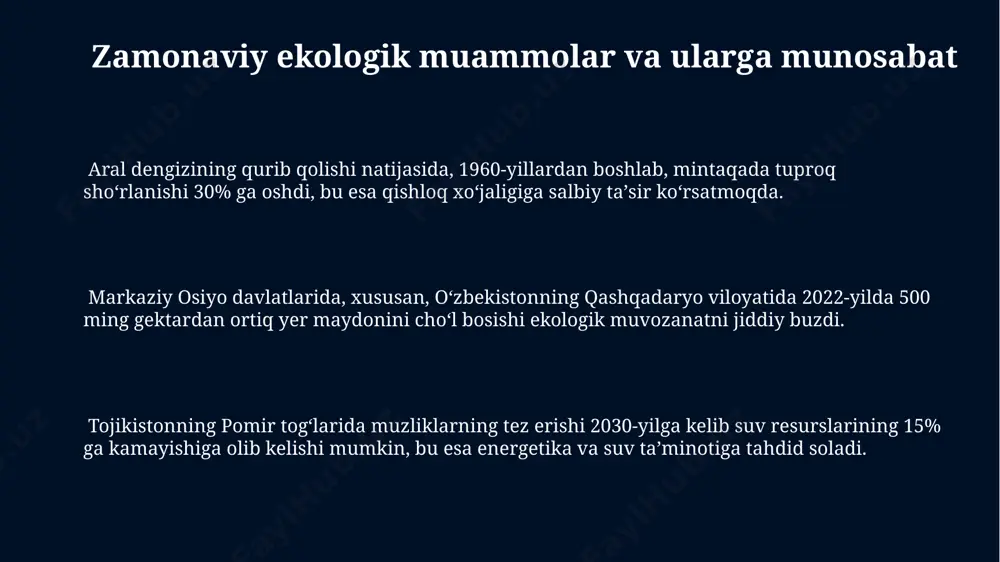 ing qurib qolishi natijasida yuzaga kelgan ekologik muammolarni bartaraf etish maqsadida xalqaro tashkilotlar bilan hamkorlikda 10 dan ortiq loyiha amalga oshirilmoqda, ularning asosiy qismi buxoro viloyatida joylashgan. ekologik ta'lim va ongni oshirish tojikistonning pomir togʻlarida 10 ta yangi qoʻriqxonalar tashkil etilishi bilan birga, 5000 dan ortiq mahalliy aholini ekologik muhofaza choralari boʻyicha oʻqitish rejalashtirilgan. oʻzbekistonning fargʻona vodiysida 2000 dan ortiq fermer xoʻjaliklarida ekologik toza dehqonchilik usullarini qoʻllash boʻyicha 3 oylik treninglar oʻtkazildi, bu suv resurslarini tejashga yordam beradi. markaziy osiyo mamlakatlarida, masalan, qozogʻistonda 2023-yilda ekologik ta’lim dasturlarini amalga oshirish uchun 5 million dollar ajratildi, bu ongni oshirishga qaratilgan. markaziy osiyolik chet elliklarning ekologik qarashlari haqida umumiy ma'lumot oʻzbekistonning qoraqalpogʻiston respublikasida aral dengizi qurib qolishi natijasida 2 millionga yaqin odam ekologik muhofaza choralari va davlat siyosatiga nisbatan keskin munosabatda boʻlishga majbur boʻldi. markaziy osiyo, xususan, qozogʻistonning 30% dan ortiq aholisi choʻl va dasht ekotizimlariga bogʻliq boʻlib, ularning tabiiy resurslarga boʻlgan munosabati …