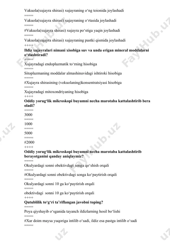 tushunasiz? ==== kelib chiqishi bir xil va bajaradigan vazifalari ham bir xil bo‘lgan organlar ==== kelib chiqishi xar xil va bajaradigan vazifalari bir xil bo‘lgan organlar ==== #kelib chiqishi bir xil, ammo bajaradigan vazifasi xar xil bo‘lgan organlar ==== kelib chiqishi xar xil va bajaradigan vazifalari xar xil bo‘lgan organlar ++++ anologik organlar deganda nimani tushunasiz? ==== #kelib chiqishi xar xil va bajaradigan vazifalari bir xil bo‘lgan organlar ==== kelib chiqishi xar xil va bajaradigan vazifalari xar xil bo‘lgan organlar ==== kelib chiqishi bir xil, ammo bajaradigan vazifasi xar xil bo‘lgan organlar ==== kelib chiqishi bir xil va bajaradigan vazifalari ham bir xil bo‘lgan organlar ++++ qaysi xodisalar korrelyasiya xodisasiga kiradi? ==== g‘o‘zani chekanka qilish va oziqani yon shoxlarga berish ==== tamaki poyasini va yon shoxlarini yulish asosida oziqani barglarga berish ==== #barchasi korrelyasiya xodisasiga kiradi ==== yon ildizlarni rivojlantirish uchun ko‘chatlarni pikirovka qilish ++++ korrelyasiya hodisasining ma’nosi? ==== o‘simlik …