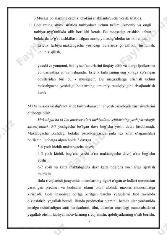 ning dastlabki kurtaklarini yuzaga keltirish davridir. mashxur rus pedagoglaridan biri lesgaftning fikricha, insonning bog‘cha yoshdagi davri shunday bir davrki, bu davrda bolada kelgusida qanday xarakter hislatlari paydo bo‘lishi belgilanadi va axloqiy xarakterning asoslari yuzaga keladi. bog‘cha yoshdagi bolalarning ko‘zga tashlanib turuvchi xususiyatlaridan biri ularning serharakatligi va taqlidchanligidir. bola tabiatnining asosiy qonunini shunday ifodalash mumkin: bola uzluksiz faoliyat ko‘rsatishni talab qiladi, lekin u faoliyat natijasidan emas, balki faoliyatning bir xilligi va bir tomonlamaligidan charchab koladi. mana shu so‘zlardan bog‘cha yoshidagi bola tabiatning asosiy qonuni bo‘lmish serharakatligini ortiq cheklab tashlamay, balki maqsadga muvofiq ravishda uyushtirish kerakligi yaqqol ko‘rinib turibdi. kattalar va tengdoshlari bilan bo‘lgan munosabat orqali bola axloq normalari, kishilarni anglash, shuningdek, ijobiy va salbiy munosabatlar bilan tanisha boshlaydi. bog‘cha yoshidagi bola yendi o‘z gavdasini juda yaxshi boshqara boshlaydi. uning harakati muvofiqlashtirilgan holda bo‘ladi. bu davrda bolaning nutqi jadal rivojlana boshlaydi. u yangiliklarni yegallashga nisbatan o‘zi bilganlarini mustahkamlashga yextiyoj sezadi. o‘zi bilgan …