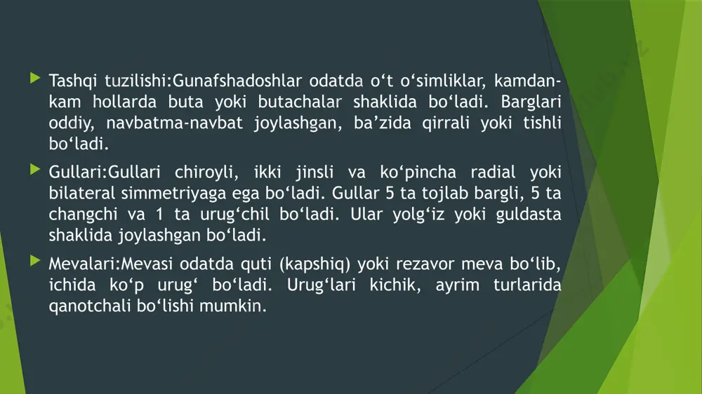arda keng tarqalgan bo‘lib, ular o‘rmonlar va tog‘li hududlarda ko‘proq uchraydi. ular changlatish jarayonida muhim rol o‘ynaydi va boshqa o‘simliklarning hayotiga ta’sir ko‘rsatishi mumkin. umumiy xulosa: gunafshalar tartibi va gunafshadoshlar oilasi o‘zining xilma-xil va o‘ziga xos biologik xususiyatlari bilan ajralib turadi. bu tartib ikki urug‘pallali o‘simliklar ichida keng tarqalgan va ko‘plab foydali o‘simliklarni o‘z ichiga oladi. gunafshadoshlar oilasiga kiruvchi o‘simliklar chiroyli gullari, oddiy barglari va o‘ziga xos mevalari bilan tanilgan. ularning estetik ko‘rinishi, dorivor va bezakbop xususiyatlari inson hayotida katta ahamiyatga ega. gunafshalar nafaqat tabiatning go‘zalligini oshiradi, balki ekologik muvozanatni saqlashda, changlatuvchi hasharotlar hayotida va turli sanoat sohalarida ham muhim rol o‘ynaydi. shu sababli, bu tartibga kiruvchi o‘simliklarni o‘rganish, asrash va undan oqilona foydalanish dolzarb ahamiyat kasb etadi. foydalanilgan adabiyotlar ro‘yxati: karimov a. va boshqalar. botanika (o‘simliklar sistematikasi). – toshkent: o‘zbekiston milliy ensiklopediyasi, 2016. rahimov b. t. o‘simliklar morfologiyasi va anatomiyasi. – toshkent: o‘qituvchi, 2012. tojiboyev sh. o‘simliklar olami: sistematikasi …