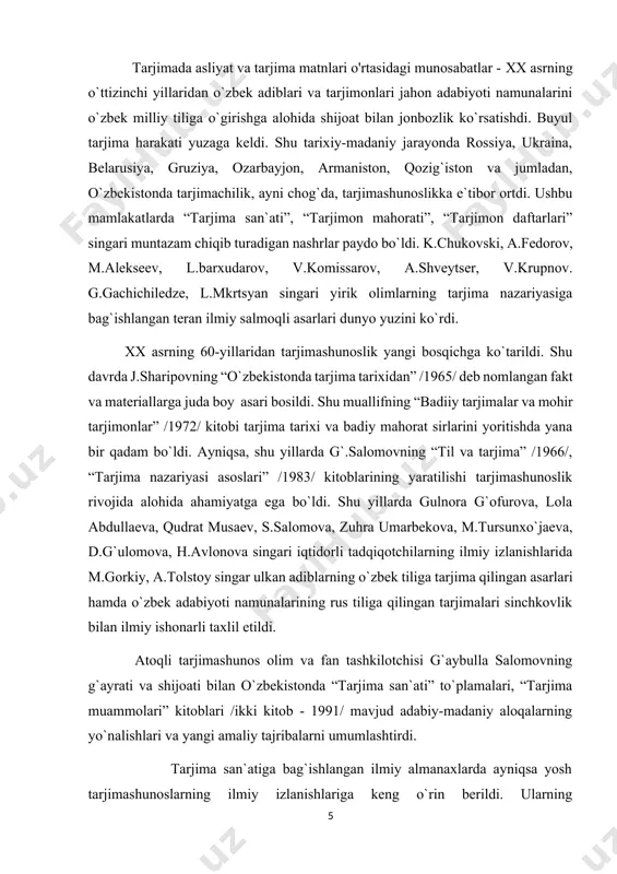 yevropada xuddi manashu davrda tarjimaga san`at deb qarash mustahkamlandi. shu davrdan e`tiboran “tarjima san`ati”, “tarjima nazariyasi va amaliyoti”, “tarjimaning lingvistik nazariyasi”, “tarjimaning nazariy muammolari” kabi ilmiy yo`nalishlarda turli mamlakatlar va ayniqsa yevropadi ko`plab ilmiy fundamental tadqiqotlar, darsliklar, qo`llanmalar, maxsus nazariy kitoblar nashr etildi. shular bilan birga yevropada “vavilon”, “lingvist”, “tilmoch”, “tarjimon”ga o`xshash muntazam tarjimashunoslik nashrlarini chiqarish va tarqatish yo`lga qo`yildi. “tarjimonlar xalqaro federatsiyasi” tuzilib, faol ish boshladi. tarjimada asliyat va tarjima matnlari o'rtasidagi munosabatlar ekvivalentlik tushunchasi orqali ifodalanadi. bu munosabatlar, asliyatning ma'nosi, uslubi va maqsadini saqlab qolish uchun turli ekvivalentlik turlari va darajalari orqali amalga oshiriladi. ekvivalentlik turlari leksik ekvivalentlik: bu tur, manba va maqsad tillaridagi so'zlar va iboralar o'rtasidagi to'g'ridan-to'g'ri moslikka e'tibor qaratadi.asl matnning tuzilishi va shaklini saqlab qolishga harakat qiladi. grammatik ekvivalentlik: bu tur, nutq qismalarini almashtirish orqali umumiy ma'noni saqlashni nazarda tutadi. o'zgarishlar, grammatik tuzilmani o'zgartirish orqali amalga oshiriladi. usuliy ekvivalentlik:ushbu tur, asl matnning uslubini tarjimada saqlashga …