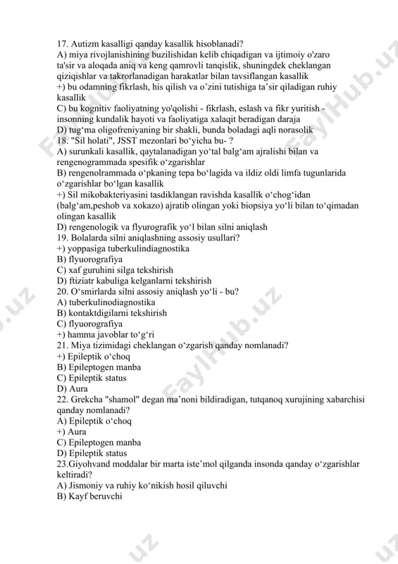 mmada o‘pkaning tepa bo‘lagida va ildiz oldi limfa tugunlarida o‘zgarishlar bo‘lgan kasallik +) sil mikobakteriyasini tasdiklangan ravishda kasallik o‘chog‘idan (balg‘am,peshob va xokazo) ajratib olingan yoki biopsiya yo‘li bilan to‘qimadan olingan kasallik d) rengenologik va flyurografik yo‘l bilan silni aniqlash 19. bolalarda silni aniqlashning assosiy usullari? +) yoppasiga tuberkulindiagnostika b) flyuorografiya c) xaf guruhini silga tekshirish d) ftiziatr kabuliga kelganlarni tekshirish 20. o‘smirlarda silni assosiy aniqlash yo‘li - bu? a) tuberkulinodiagnostika b) kontaktdigilarni tekshirish c) flyuorografiya +) hamma javoblar to‘g‘ri 21. miya tizimidagi cheklangan o‘zgarish qanday nomlanadi? +) epileptik o‘choq b) epileptogen manba c) epileptik status d) aura 22. grekcha "shamol" degan ma’noni bildiradigan, tutqanoq xurujining xabarchisi qanday nomlanadi? a) epileptik o‘choq +) aura c) epileptogen manba d) epileptik status 23.giyohvand moddalar bir marta iste’mol qilganda insonda qanday o‘zgarishlar keltiradi? a) jismoniy va ruhiy ko‘nikish hosil qiluvchi b) kayf beruvchi +) tushkunlikka tushiruvchi d) xavotirni oshiruvchi 24. bemorlar giyohvand dorilarni qabul …
