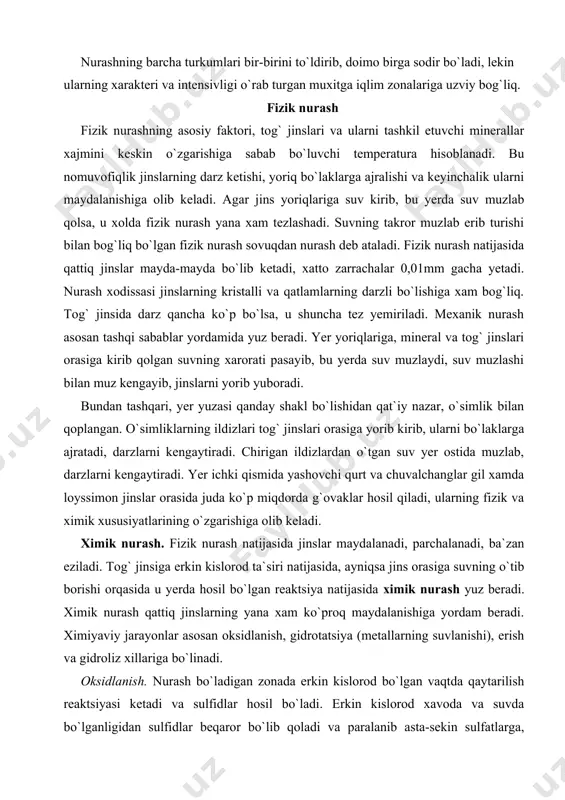 qum, tepalik, amplituda, qatlam, eol, muz, parchalash, relef, denudatsiya, akkumulyatsiya, korroziya, uyish, silliqlanish, barxanlar, dyupa, less, o`zan, eroziya, jar, sel, oqim, bazis, regressive eroziya, chuqurlama, pekeplenar. daryo soxillarida o`simlik bo`lmasa shamolning ishini yaxshi kuzatish mumkin. shamol ayniqsa cho`llarda katta ishlarni bajaradi. bu ish shundan iboratki, shamol qumlarni surib ketib, xarsang va toshlarga olib borib uradi. qumlar tog` jinsi sirtiga kelib uriladi, sirtning yuzi tekislanadi, juyaklar, chuqurliklar va xatto ikkala tomoni bo`sh joylar hosil bo`ladi. shamol tog` jinslarining buzilish maxsulotlarini bir joydan ikkinchi joyga ko`chirish ishini xam bajaradi. shamol faqat gorizontal satxlarni shipirib ketish bilangina chegaralanib qolmay, balki mayda-mayda chuqirliklarga xam kirib, u yerdan tog` jinslarining nurash maxsulotlarini olib chiqib ketadi. faqat mana shu “deflyatsiya” ishi natijasida cho`l tog` jinslari batamom buziladi. shamol faqat mayda changlarnigina uzoq joyga uchirib keta oladi. qumni esa yer yuzasidan bir oz ko`tarib uchirib ketadi va uzoq joyga bormay qum tepaliklar ko`rinishida to`playdi. qum tepaliklar faqat …