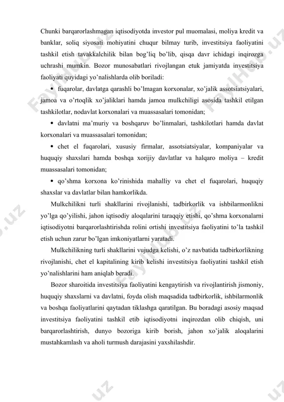 mlash va aholi turmush darajasini yaxshilashdir. 2. investitsiyalarni moliyalashtirish manbalarining mohiyati va ahamiyati. iqtisodiy tarkibning qayta qurilishi faol investitsiya siyosatini o’tkazish bilan chambarchas bog’liqdir. investitsiya bazasini rivojlantirish va chuqurlashtirish islohotlar strategiyasining muhim shartidir. iqtisodiyot tuzilishi qurilishining belgilangan yo’nalishlari eksport imkoniyatining kengaytirilishiga, baquvvat investitsiya siyosatini o’tkazish yo’li bilangina erishish mumkin. buning uchun o’z sarmoyalarimizni ham, tashqi kreditlarni ham bevosita investitsiyalar va ularning barcha manbalarini ham ishga solish zarur. bozor iqtisodiyoti sharoitida investitsion loyihalarni moliyalashtirish investorlar tomonidan tashkil etilgan har xil manbalar, shu jumladan moliyaviy resurslarni jalb qilish yo’li bilan, kreditlar evaziga qonunchilikda belgilangan holda qimmatli qog’ozlar va zayomlar chiqarish xisobiga amalga oshiriladi. umumiy hisobga olganda, real investitsion loyihalarni moliyalashtirish manbalari quyidagi shakllarga bo’linadi: 1. investorning o’z moliyaviy resurslari; 2. investorning qarzga olgan mablag’lari; 3. investorni jalb qilgan moliyaviy resurslari; 4. davlat byudjeti mablag’lari, (shu jumladan, mahalliy byudjet mablag’lari); 5. chet el investitsiyalari va kreditlari; 6. noan’anaviy moliyalashtirish. (sindikatli kreditlash, seleng, venchurli …