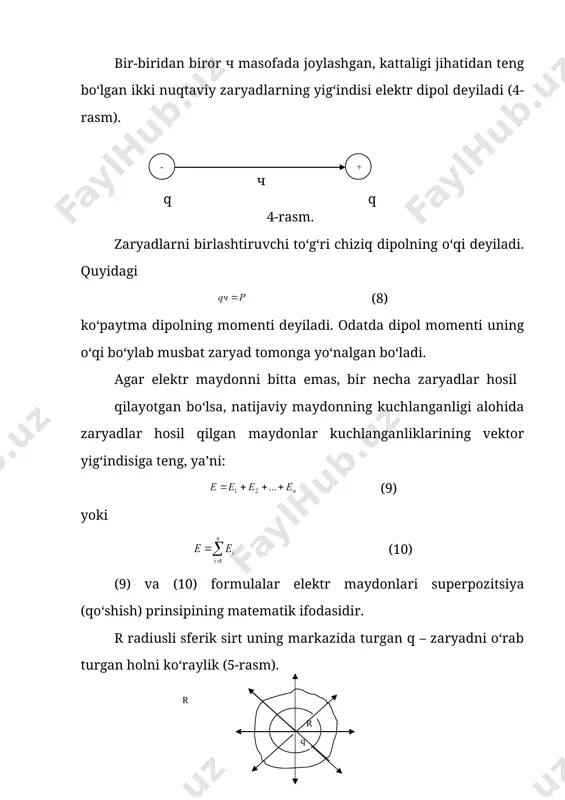 nidagi 1 nuqtadan 2-nuqtaga ko‘chirish-da bajarilgan a12 ish quyidagiga teng: (25) yoki (26) (27) (26) va (27) formulalardan ko‘rinadiki, elektr maydonda zaryadni ko‘chirishda bajarilgan ish yo‘lning shakliga bog‘liq bo‘lmasdan zaryadning boshlang‘ich va oxirgi holatiga bog‘liqdir. elektr maydonni harakteristikalari deb maydon kuchlanganligi va maydon potensiali qabul qilingan. shu kattaliklar o‘rtasida ma’lum bog‘lanish bo‘lishi kerak. agar maydon kuchlanganligi zaryad ta’sir qilayotgan kuchga, va potensial esa zaryadning potensial energiyasiga proporsional ekanligini hisobga olsak, e bilan φ o‘rtasidagi bog‘lanish potensial energiya bilan kuch o‘rtasidagi bog‘lanishga o‘xshash bo‘lishi ko‘rinadi. haqiqatdan, maydon kuchlarining q zaryad ustida yo‘lning kesmasi davomida bajargan ishini bir tomondan (28) ko‘rinishida, ikkinchi tomondan zaryad potensial energiyasining kamayishini ko‘rsatuvchi ifodani quyidagicha yozish mumkin, chunki q=const (29) (28) va (29) formulalardan quyidagini hosil qilamiz: (30) lekin . shuning uchun (31) (31) formuladan ko‘rinadiki, maydon kuchlanganligi kuch chiziqlari bo‘ylab potensialni o‘zgarish tezligiga teng. gradiyent belgisidan foydalanib, (31) ifodani quyidagicha yozish mumkin: (32) shunday qilib, elektr …