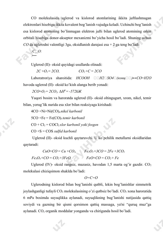 + + hco3-k2 ↦2h+ + co32- k1 = 4*10-7, k2 = 5*10-11teng bo’ladi. karbonat kislota ikki bosqichda dissotsilangani uchun, o’rta tuzlarkarbonatlar va nordon tuzlar gidrokarbonatlarni hosil qiladi. ishqoriy metallar va ammoniyning karbonatlari hamda ko’pchilik gidrokarbonatlar suvda yaxshi eriydi. bunda eritma muhiti gidroliz tufayli ishqoriy bo’ladi. bu tuzlar ishqor eritmalariga co2 gazi ta'sir ettirib olinadi. masalan: koh +co2 = khco3, khco3 +koh = k2co3 +h2o ca(oh )2 +co2 =caco3 +h2o gidrokarbonatlar va karbonatlar qizdirilganda parchalanib ketadilar: 2nahco3 1000c↦na2co3 +co2 + h2o 5000c mgco3 ↦co2 + mgo caco3 10000c↦cao+co2 karbonatlarga kuchsiz kislota-sirka kislotasi ta'sir ettirilganda ham parchalanib ketadi, caco3 +2ch3cooh ↦ca(ch3coo)2 +co2 ↑+h2o ohaktoshi co2 va h2 o ta'siridan erib, kalsiy gidrokarbonatni hosil qiladi: caco3 + h2o +co2 = ca(hco3)2 kalsiy karbonat kislotali tuproqlarni ohaklashda va qurilish materiali sifatida ishlatiladi: k2co3 - kaliyli o’g’it, fotografiyada, sovun va shisha ishlab chiqarishda; caco3·mgco3– magniyli mikro o’g’it sifatida; na2co3·10h2o - soda, sovun, shisha ishlab chiqarishda, …