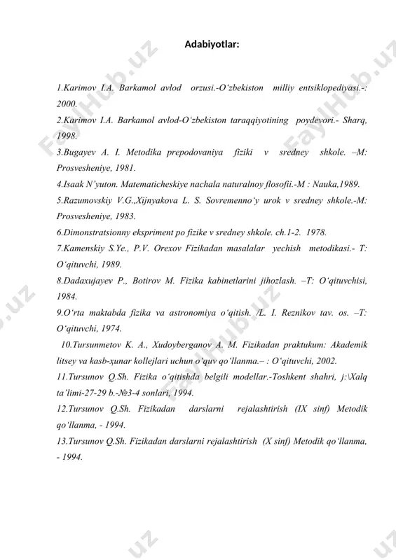 ayli buzilishi haqidagi ta’kidni uchratish mumkin. suyuqlikka ta’sir qiluvchi og‘irlik kuchi uni deformatsiyalay olmaydi. molekulyar kuchlarning ta’siri esa sirtning qisqarishiga olib keladi va erkin tushayotgan suyuqlik shar shaklini oladi. suyuqlikning bunday shaklini fazogirlarimiz fazoviy parvozlarda kuzatganlar. adabiyotlar: 1.karimov i.a. barkamol avlod orzusi.-o‘zbekiston milliy entsiklopediyasi.-: 2000. 2.karimov i.a. barkamol avlod-o‘zbekiston taraqqiyotining poydevori.- sharq, 1998. 3.bugayev a. i. metodika prepodovaniya fiziki v sredney shkole. –m: prosvesheniye, 1981. 4.isaak n’yuton. matematicheskiye nachala naturalnoy flosofii.-m : nauka,1989. 5.razumovskiy v.g.,xijnyakova l. s. sovremenno‘y urok v sredney shkole.-m: prosvesheniye, 1983. 6.dimonstratsionny ekspriment po fizike v sredney shkole. ch.1-2. 1978. 7.kamenskiy s.ye., p.v. orexov fizikadan masalalar yechish metodikasi.- t: o‘qituvchi, 1989. 8.dadaxujayev p., botirov m. fizika kabinetlarini jihozlash. –t: o‘qituvchisi, 1984. 9.o‘rta maktabda fizika va astronomiya o‘qitish. /l. i. reznikov tav. os. –t: o‘qituvchi, 1974. 10.tursunmetov k. a., xudoyberganov a. m. fizikadan praktukum: akademik litsey va kasb-ҳunar kollejlari uchun o‘quv qo‘llanma.– : o‘qituvchi, 2002. 11.tursunov q.sh. fizika …