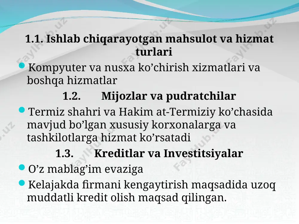noxush vaziyatdan chiqish rejasi ushbu vaziyatdan chiqishning eng birinchi rejasi boshqa assortiment turlariga e’tibor qaratamiz. tashkiliy tadbirlar va faoliyat rejasi 6.1 faoliyat rejasi. birinchi navbatda, xizmat ko’rsatish va foydani nazorat qilish. xodimlarni nazorat qilish. ularga o’z vaqtida maosh to’lash. 6.2 tashkiliy tadbirlar. qo’limizdagi mablag’ni avvalo hizmat ko’rsatishda yo’naltirganmiz. buning uchun hizmat ko’rsatish jarayonini shakllantirganmiz. xom ashyo, texnika va texnikalar sotib olingan boshqaruv, ishchi xodimlarga ish haqi va mukofotlar belgilangan resurslar va ularning manbai 7.1 moliyaviy instrumentlar o’z mablag’larim 7.2 inson resurslari hozirda ma’muriy boshqaruv: 1 (bir) kishidan iborat xizmat ko’rsatuvchilar: 2 (ikki) kishidan iborat