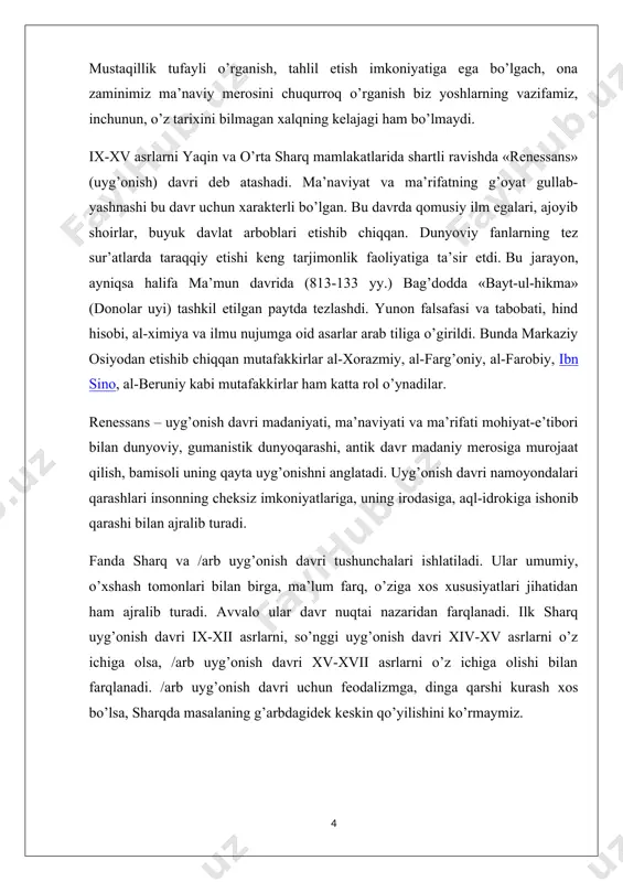 fani usullari”, “osmon harakatlari va yulduzlar ilmi” va boshqalardir. farg’oniyning “astranomiya asoslari” kitobi o’sha davrdagi astranomiya sohasidagi bilimlarning qomusi bo’lgan. unda qadimgi falakiyotshunoslik bilimlari, uning qoidalari, usullari bayon qilingan. asar xii asrdayoq lotin tiliga tarjima etilib, ko’p asrlar davomida evropada astronomiya bo’yicha qo’llanma, darslik sifatida xizmat qilib kelgan. u evropada al-fraganus nomi bilan mashhur bo’lgan. al-xorazmiy (780-850 yy.) sharqning buyuk mutafakkiri, qomusiy olimdir. uning ilmu-nujum, geodeziya, geografiya va ayniqsa riyoziyot sohasidagi xizmatlari beqiyosdir. u arab, hind, lotin, yunon, fors tillarini bilgan. xorazmiy bir qancha kitob va risolalarning muallifidir. bulardan eng mashhuri “kitob al-jabr va al-muqobala” asaridir. bu asar riyoziyotda yangi mustaqil fan – algebraning vujudga kelishiga zamin bo’ldi. u tenglamalarni echishning ikki usulini – al-jabr, ya’ni qarama-qarshi ishoralarni yagona musbat ishoraga keltirish va al-muqobala, ya’ni bir hil hadlarni qarama-qarshi qo’yishni kashf qildi. xorazmiy “sind hind”, “ziji xorazmiy”, “astrolyabiya bo’yicha risola”, “quyosh soati haqida risola”, “erning shakli haqida kitob”, “trigonometrik jadvallar”, …