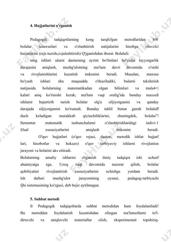 at qilishni nazarda tutadi, shunga ko'ra mashg'ulot mett$pari ham uchta katta guruhga bo'linadi: — o'quv bilish faoliyatini tashkil qilish metodlari; — o'quv bilish faoliyatini rag'batlantirish metodlari; — o'quv bilish faoliyatining samaradorligini nazorat t__ metodlari. o'quv bilish faoliyatini tashkil qilish metodlarini bir necfofi guaihlarga bo'lib o'rganish mumkin. i. bolalar bilim oladigan manbalar bo'y' og'zaki, ko'rsatmali va amaliy metodlar hikoya, kitob bilan ishlash.;va metodlar predmetlar va hjfpisalarni kuzatish, ularning modellari va tasvirlarini qarash). bolalarni amaliy ishlari (plastilin, karton, qog'ozlardan yasash- gan narsalar, turli predmetlar va hokazo). ii. bolalar fikrining yo'nalishi bo'yicha: o'xshashlik, uzviylik, bog'liqlik. iii. pedagogik ta'sir, boshqarishning darajasi, bolalarning .mustaqilliklar darajasi bo'yicha: pedagog-tarbiyachi boshchiligida bajariladigan o'quv ishi metodi; bolalarning mustaqil ishlari metodi. iv. bolalarning mustaqil aktivliklari darajasi bo'yicha: aghilzohli-illyvtstrativ metod. r.iito mfltlu; reproduktiv metod: bilimlarni muammoli bayon (ijlftlh .metodi; qisman izlanish va tadqiq qilish metodi. \ 1. og'zaki, ko'rsatmali va amaliy metodlar og'zaki metodlar — qisqa muddat ichida hajmi bo'yicha eng …