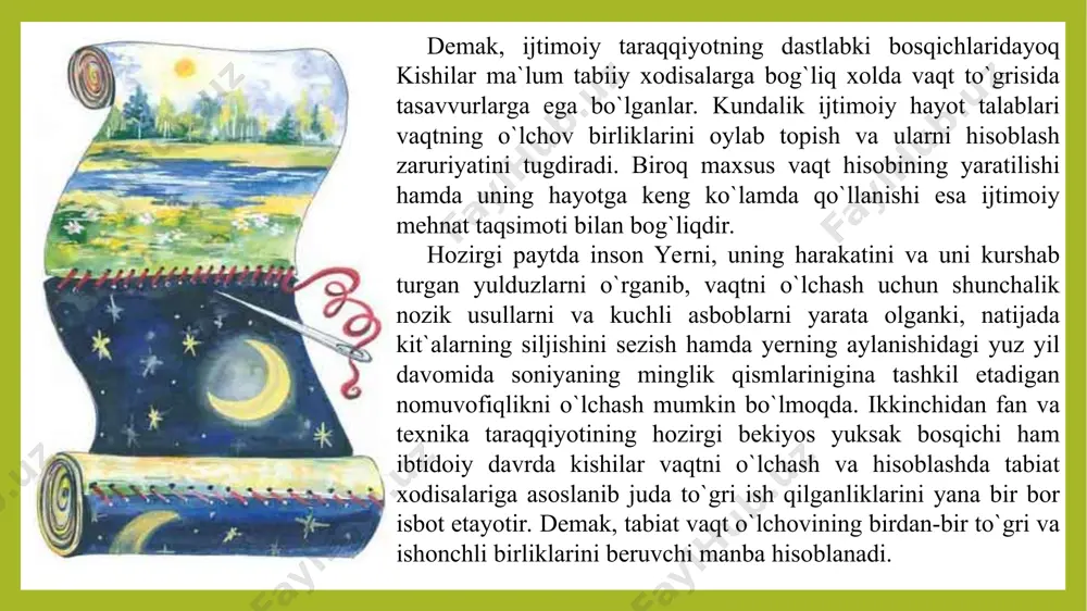 ” vaqt birligidan bir oz (10 soniya) qisqaroqdir. astronomiya rasadxonalarida yulduzlar vaqti bilan yuruvchi, ya`ni bizning odatdagi soatlarimizga nisbatan kuniga 3 daqiqa 56 soniya oldinga o`tib ketadigan soatlar bordir. kunning uzun qisqaligi ana shu soatlar yordamida tekshiriladi. bunday soatlar astronomiya uchun nixoyatda zarurdir. yulduz soatiga qarab, qaysi yulduzning qachon va kayerda bo`lishini darxol aniqlay oladilar. yulduzlar vaqti kishilar hayoti uchun noqulaydir. chunki yulduzlar kunining boshlanishi butun yil davomida kun va tunning turli vaqtlariga to`gri kelaveradi. insonning hayoti quyoshga bog`liqdir. shuning uchun kishilar o`zlarining kundalik hayotlarida quyosh vaqti deb ataluvchi vaqtga amal qiladilar. biroq quyosh vaqti yulduzlar vaqtiga nisbatan anchagina murakkabdir haqiqiy quyosh vaqtini yaxshiroq tushunish uchun astronomlar avval quyoshning ko`rinadigan yillik harakati bilan tanishishni maslaxat beradilar. quyosh ham osmon gumbazining kunlik harakatida katnashadi. bundan tashqari quyosh yana o`zining harakatiga ham egadir. quyoshning bu harakati yer aylanayotgan yo`nalishda, ya`ni garbdan sharqka tomon yuz beradi. quyoshning yulduzlararo harakat yo`li astronomiyada ekliptika deyiladi. …