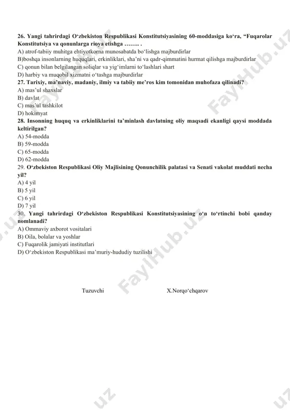 quqlar b) iqtisodiy, ijtimoiy, madaniy va ekologik huquqlar c) fuqarolarning burchlari d) jamiyatning iqtisodiy negizlari 21. yangi tahrirdagi o‘zbekiston respublikasi konstitutsiyasinining sakkizinchi bobi qaysi moddalarni o‘z ichiga oladi? a) 33-39-moddalarni b) 35-41-moddalarni c) 36-40-moddalarni d) 37-43-moddalarni 22. yangi tahrirdagi o‘zbekiston respublikasi konstitutsiyasiga ko‘ra, qonunda belgilangan pensiyalar, nafaqalar va boshqa turdagi ijtimoiy yordamning miqdorlari rasman belgilangan eng kam ......... oz bo‘lishi mumkin emas. nuqtalar o‘rnini to‘ldiring? a) ish haqidan oz bo‘lishi mumkin emas b) ba’zaviy hisoblash miqdoridan c) iste’mol xarajatlaridan d) to‘g‘ri javob yo‘q 23. yangi tahrirdagi o‘zbekiston respublikasi konstitutsiyasiga muvofiq kimlar mulkdor bo‘lish huquqiga ega? a) fuqarolar b) faqat fuqaroligi bor shaxslar c) chet el fuqarolari d) har bir shaxs 24. yangi tahrirdagi o‘zbekiston respublikasi konstitutsiyasining o‘ninchi bobi qaysi moddalarni o‘z ichiga oladi? a) 54-59-moddalar c) 53-58-moddalar b) 54-58-moddalar d) 53-59-moddalar 25. yangi tahrirdagi o‘zbekiston respublikasi konstitutsiyasining o‘n birinchi bobi qanday nomlanadi? a) jamiyatning iqtisodiy negizlari b) fuqarolik jamiyati institutlari …