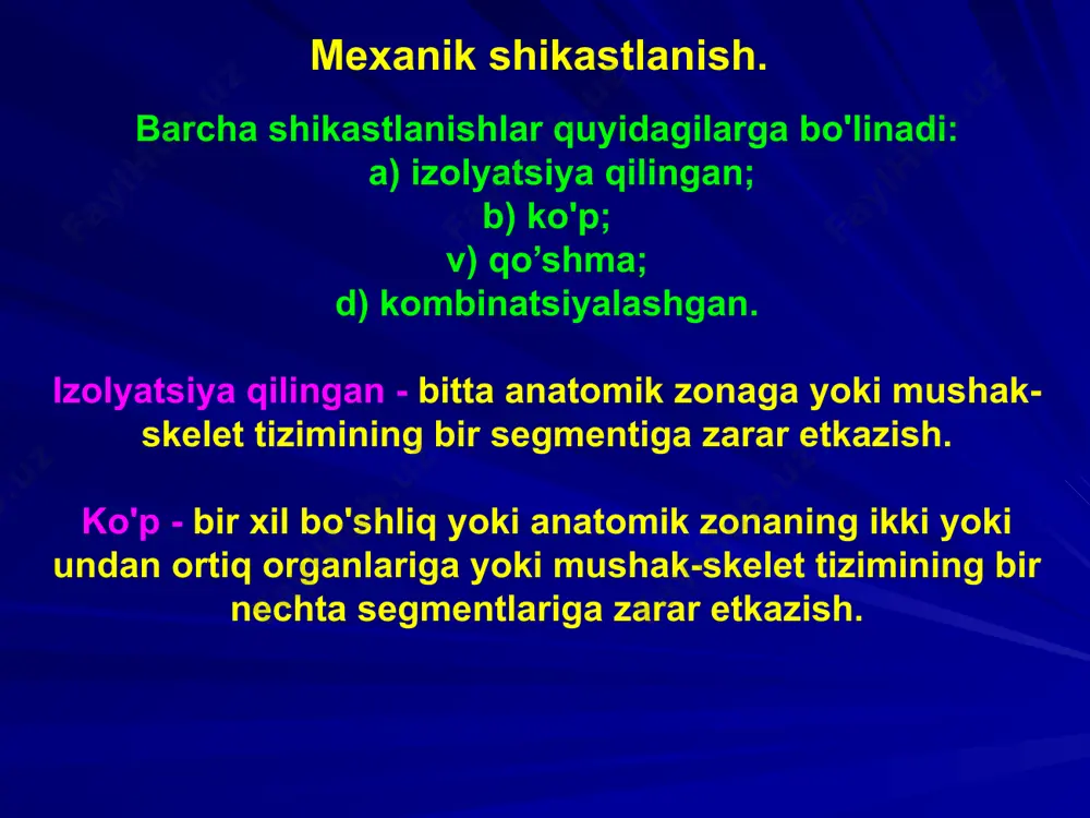 (lat yeyish, zarbalar, to’qnashuvlar). moyillik – mineral va vitamin yetishmovchiligi, suyak to’qimasida patologik va fiziologik o’zgarishlar (avitaminoz, osteomiyelit, keksa yosh). klinik ko’rinishi. sinishlarning mutlaq va nisbiy belgilari farqlanadi. nisbiy – og’riq va og’riqli, shish, deformatsiya, funktsiyasining buzilishi. mutlaq – patologik harakat va bo’laklar krepitatsiyasi. birinchi yordam. birinchi yordam shina sifatida qo’lga tushgan har qanday jism bilan transport immobilizatsiya qilishga asoslangan. pastki muchalarni immobilizatsiya qilish detrix shinasi yordamida, yuqori muchalar esa narvonsimon kramer shinasi yordamida amalga oshriladi. tashxis qo’yish. klinik belgilar asosida tashxis qo’yiladi, ikki standart proyektsiyada rentgen tekshiruvi o’tkazish orqali tasdiqlanadi. rentgenologik belgilar – sinish chizig’ining mavjudligi, suyak usti pardasining ajralganligi, bo’laklarning siljiganligi, suyak strukturasining o’zgarganligi. davolash. davolashning asosiy qoidalari: suyak qismlarini repozitsiyasi. bo’laklarni tutib turish, qismlar harakatsizligini hosil qilish va a’zoni immobilizatsiya qilish. suyak siniqlari bitishi tezlashtiruvchi va o’sishini ta’minlovchi usullar va vositalardan foydalanish. usullar: - konservativ - operativ davolashning konservativ usuli. 1. gipsli bog’lam yordamida immobilizatsiya. qulayligi: oddiy; …