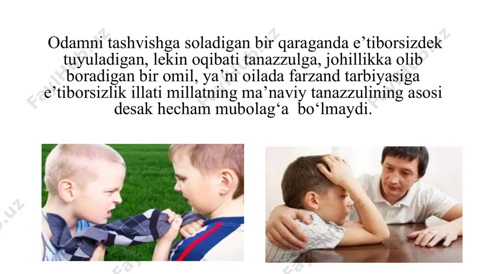 hlarda o’qiydigan insonlarni shaxsiy namuna qilib ko’rsatish; 3.psixologlar bilan uchrashuvlar tashkil etish; 4.zarur hollarda psixolog-inspektorlar yordamiga tayanish; -oilaviy tarbiyada ijobiy yutuqlarni qo‘lga kiritgan ota-onalarning tajribalaridan foydalanish uchun ularni maktabning kengaytirilgan yig‘ilishlariga, ota-onalar qo‘mitalarining majlislariga taklif qilish va o‘z tajribalari bilan o‘rtoqlashishni yo‘lga qo‘yish; -ijobiy yutuqlarga erishgan ota-onalarni rag’batlantib borish va bu jarayonni ommaviy axborot vositalari yordamida yoritib borish; -maktablarda ota-onalar kunini joriy etish; -maktabda har shanba kuni ota-onalar kuni deb belgilanishi, bu kunda kelib farzandini hafta davomida qay darajada bilim olganini,hulqi, jamoaviy topshiriqlarda qay drajada faolligi haqida bilib olishlari va shu bilan birgalikda bir hafta mobaynida a’lo baholarga o’qigan va namunali hulqi bilan tengdoshlari orasida namuna bo’lgan o’quvchini rag’batlantirish va ota-onasiga tashakkurnomalar berish va bu jarayonni ijtimoiy tarmoqlarda yoritib borish; -ota-onalar bilan mahalla fuqarolar yig’ini ishtirokida suhbatlar o’tkazish; bunda farzandi ta’lim-tarbiyasiga doir ilmiy va diniy mavzular yoritib borilish kerak. -ota-onalarni ish joylariga aloqa xati yuborish; aloqa xati orqali farzandini ta’lim-tarbiyasiga …