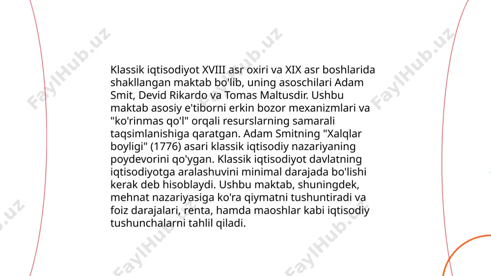 riya 20-asrda frantsuz iqtisodchisi frédéric bastiat, amerikalik iqtisodchi milton friedman va ayniqsa avstriya iqtisod maktabi vakillarining ishlari orqali keng tarqalgan. ... t.me/slaydai_bot klassik iqtisodiyot nazariyasi 18-asrda shakllangan bo'lib, uning asoschilaridan biri adam smit hisoblanadi. ushbu nazariyaga ko'ra, bozor iqtisodiyoti o'z-o'zini tartibga soluvchi tizimdir va "ko‘rinmas qo‘l" orqali har bir shaxsning o‘z manfaatlarini ko‘zlagan holda jamiyatga foyda keltirishi mumkin. bu nazariya bozor mexanizmlarining samaradorligini ta'kidlaydi. iqtisodiy o'sish, savdo erkinligi va resurslarning samarali taqsimlanishi nazariyaning asosiy elementlari hisoblanadi. klassik iqtisodiyot nazariyasi bozorni davlat aralashuvidan ozod qilishni taklif etadi va bunda resurslar avtomatik ravishda eng samarali tarzda taqsimlanadi deb ishoniladi. ... t.me/slaydai_bot 10. klassik iqtisodiyot va ishlab chiqarish omillari klassik iqtisodiyot, asosan adam smit, devid rikardo va tomas robert maltus kabi iqtisodchilar tomonidan rivojlantirilgan nazariyalarga asoslanadi. ushbu nazariya ishlab chiqarish omillariga—yer, mehnat, va kapital—kattik e’tibor qaratadi. yer tabiiy resurslar va xom ashyoni ifodalaydi; mehnat insonning intellektual va jismoniy harakati natijasidir; kapital esa asbob-uskunalar, …