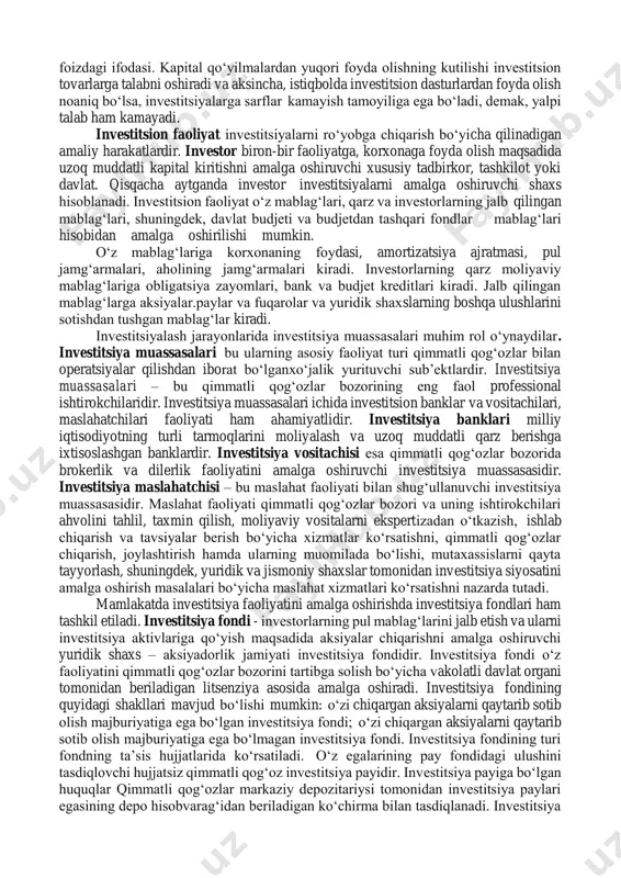 i ijtimoiy samara vujudga keltiriladigan barcha turdagi mulkiy va intellektual qimmatliliklar kiradi. bu qimmatliliklar pul mablag‘lari, ko‘chuvchi va ko‘chmas (qo‘zg‘almas) mulk obyektlari bo‘lgan moddiy ne’mat va buyumlar (qimmatliklar), yer va boshqa tabiiy resurslardan foydalanish huquqlari, shuningdek, boshqa mulkiy huquqlar, mualliflik huquqlari, nou-xau va boshqa intellektual qimmatliliklar bo‘lishi mumkin. investitsion sarflar, ya’ni ishlab chiqarish vositalarini xarid qilish, yalpi talabning narxdan tashqari muhim omili hisoblanadi. narxlarning mavjud darajasida korxona sotib olishi mumkin bo‘lgan yangi ishlab chiqarish vositalarining kamayishi yalpi talabning kamayishiga, aksincha korxona sotib oladigan investitsioan tovarlar hajmining ko‘payishi yalpi talabning ko‘payishiga olib keladi. mamlakatning investitsiya qilish qobiliyati milliy daromadni kapital kiritish uchun ishlatiladigan ulushi miqdori bilan ifodalanadi. investitsiyalar samaradorligi milliy daromad (foyda) o‘sgan qismining investitsion sarflar summasiga nisbatining foizdagi ifodasi. kapital qo‘yilmalardan yuqori foyda olishning kutilishi investitsion tovarlarga talabni oshiradi va aksincha, istiqbolda investitsion dasturlardan foyda olish noaniq bo‘lsa, investitsiyalarga sarflar kamayish tamoyiliga ega bo‘ladi, demak, yalpi talab ham kamayadi. investitsion …