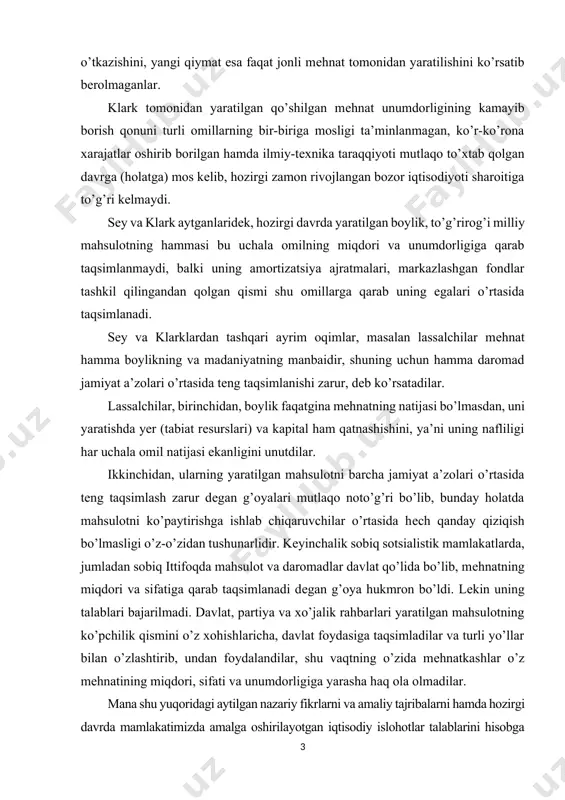 qarab taqsimlanadi dеgan g’oya hukmron bo’ldi. lеkin uning talablari bajarilmadi. davlat, partiya va xo’jalik rahbarlari yaratilgan mahsulotning ko’pchilik qismini o’z xohishlaricha, davlat foydasiga taqsimladilar va turli yo’llar bilan o’zlashtirib, undan foydalandilar, shu vaqtning o’zida mеhnatkashlar o’z mеhnatining miqdori, sifati va unumdorligiga yarasha haq ola olmadilar. mana shu yuqoridagi aytilgan nazariy fikrlarni va amaliy tajribalarni hamda hozirgi davrda mamlakatimizda amalga oshirilayotgan iqtisodiy islohotlar talablarini hisobga olib, yaratilgan mahsulotni taqsimlashning quyidagi asosiy yo’nalishlarini ko’rsatishga harakat qilamiz: a) umuman olganda mahsulotni, binobarin daromadlarni taqsimlash ham doim bir xil bo’lmay, balki shu davrda amal qilib turgan iqtisodiy munosabatlar tizimiga, jumladan mulkchilik munosabatlariga bog’liq bo’ladi. ishlab chiqarishning moddiy shart-sharoitlari, ya’ni kapitalga mulkchilikning turli shakllari, yerga esa davlat mulki mavjud bo’lgan sharoitda yaratilgan milliy mahsulot mulk egalari (davlat, jamoa, xususiy, shaxsiy) va ishchi kuchining egasi bo’lgan ishchi-xizmatchilar o’rtasida taqsimlanadi. bunda daromadlarning bir qismi albatta umumjamiyat manfaatlarini ko’zlab ish olib boruvchi davlat ixtiyoriga kеlib tushadi; b) milliy …
