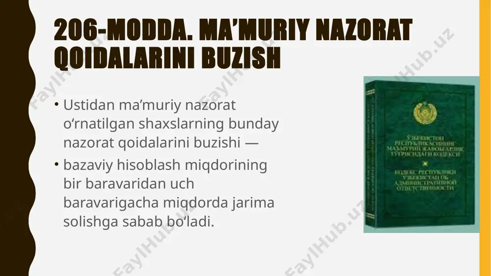 vlat hududida ozodlikdan mahrum qilish tarzidagi jazoni o‘tagan 7-modda. ma’muriy nazorat chog‘ida belgilanadigan ma’muriy cheklovlar yashash joyidan sutkaning belgilangan vaqtida tashqarida bo‘lishni taqiqlash; muayyan joylarda bo‘lishni taqiqlash; sud tomonidan belgilangan hudud doirasidan ichki ishlar organlarining ruxsatisiz chiqishni taqiqlash; ro‘yxatdan o‘tish uchun har oyda bir martadan to‘rt martagacha ichki ishlar organiga (ichki ishlar organining tayanch punktiga) kelish; alkogolli ichimliklarni iste’mol qilishni taqiqlash. 8-modda. ma’muriy nazoratni o‘rnatish tartibi o‘rnatish sud amalga oshirish ichki ishlar organi taqdimnoma yuborish jazoni ijro etish muassasasi(1 oy oldin) ichki ishlar organining boshlig‘i 9-modda. ma’muriy nazorat muddati ma’muriy nazorat olti oydan bir yilgacha muddatga o‘rnatiladi. ma’muriy nazorat muddati ma’muriy nazoratni o‘rnatish to‘g‘risida sud tomonidan qaror chiqarilgan paytdan e’tiboran, ma’muriy nazorat jazoni ijro etish muassasalaridan shaxsni ozod etish chog‘ida o‘rnatilgan hollarda esa, nazorat ostidagi shaxs tanlagan yashash joyiga yetib kelgan paytdan e’tiboran hisoblanadi. ma’muriy nazorat muddatining o‘tishi quyidagi hollarda to‘xtatib turiladi: nazorat ostidagi shaxsga qidiruv e’lon qilinganda; nazorat ostidagi …
