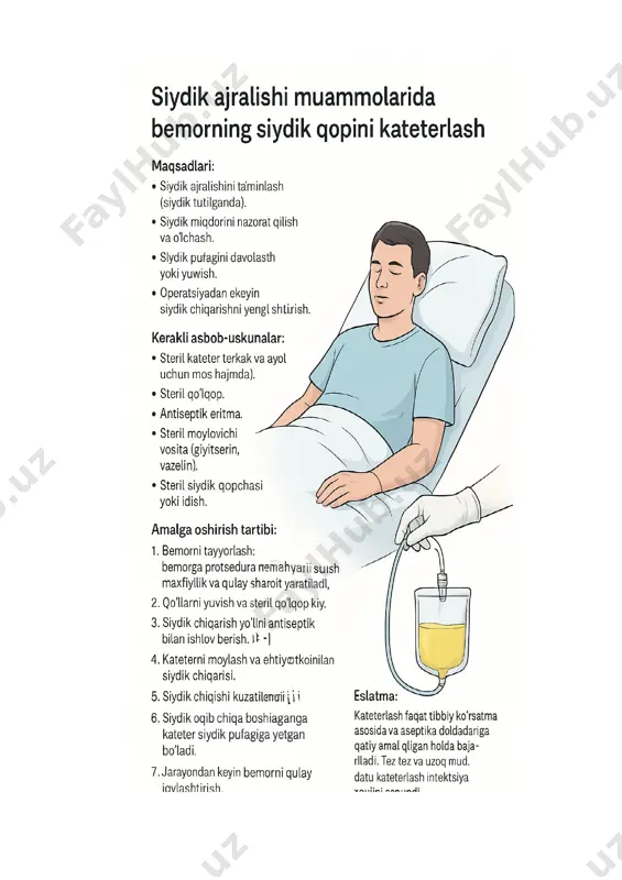 chalqancha yotgan holda, oyoqlarini biroz bukib, ajratib qo‘yish. erkaklar uchun — chalqancha yotgan holda, oyoqlarini tekis yozib yotqizish. 5. yoritish va jihozlash jarayon uchun yetarli yorug‘lik bo‘lishi kerak. barcha asbob-uskunalar oldindan tayyorlanadi va bemor yoniga qo‘yiladi. siydik qopini kateterlash ko‘nikmalari va hamshiralik parvarishi hamshiraning ko‘nikmalari: 1. aseptika va antiseptika qoidalariga rioya qilish – har bir manipulyatsiya faqat steril sharoitda bajarilishi shart. 2. kateterni to‘g‘ri tanlash – erkak va ayol bemor uchun mos o‘lchamdagi kateter qo‘llash. 3. bemorni psixologik tayyorlash – jarayonning mohiyatini tushuntirish, qo‘rquvni kamaytirish. 4. kateterni to‘g‘ri kiritish texnikasi – siydik yo‘liga ehtiyotkorlik bilan, zo‘rlamasdan kiritish. 5. siydik oqimini kuzatish – siydik chiqishiga e’tibor berish, oqim bo‘lmasa sababini aniqlash. 6. siydik qopchasini ulash va mustahkamlash – oqib ketmasligi uchun qopchani to‘g‘ri joylashtirish. 7. jarayondan keyingi parvarish – bemorning qulayligini ta’minlash va asboblarni zararsizlantirish. hamshiralik parvarishi: · kateterning tozaligi va sterilligini saqlash – siydik qopchasi va kateter har kuni tekshiriladi. …