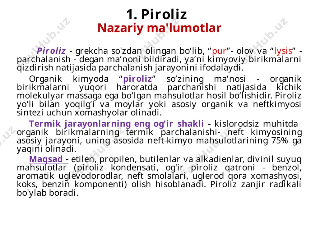 siqlikni yutish (endotermik) bilan sodir bo'ladi. piroliz reaksiyasining issiqligi: - benzin fraksiyalari uchun - 270-300 kkal/kg (1131,3-1257 kj/kg) (o'tkazilgan xomashyo uchun); - etan fraksiyalari uchun - 900 kkal/kg (3771 kj/kg) (reaksiyalangan xomashyo uchun). 3 nazariy ma'lumotlar to'yinmagan uglevodorodlarning termik sopolimerlanishi natijasida aromatik uglevodorodlarga degidrogenlangan sikloolefinlar hosil bo'ladi. (piroliz kondensati va piroliz smolasini hosil bo’lish jarayoni) zamonaviy piroliz qurilmalarining asosiy mahsulotlari 99,9% (mass.) tozalikdagi etilen, 99,9% (mass.) tozalikdagi propilen, tarkibi 30 – 40% (mass.) butadiendan iborat butan-butadien fraksiyasi, 25 – 30% (mass.) izobutelin va 15 – 30% (mass.) n–butilen va piroliz kondensati hisoblanadi. quyidа etаnning pirоlizidа bоrаdigаn аsоsiy o’zgаrishlаrining tеnglаmаlаri kеltirilgаn: 650 0c gаchа bo’lgаn haroratlаr оrаlig’idа hоm аshyoning bоshlаng’ich kоmpоnеntlаri, 650-900 оc оrаlig’idа – оlеfinlаr, 900-1050 оc оrаlig’idа atsеtilеn uglеvоdоrоdlаri, 1050 оc dаn yuqоri haroratlаrdа – uglеrоd vа vоdоrоd yuqоri bаrqаrоrlikgа egа. kеltirilgаn chеgаrаlаr mа`lum dаrаjаdа shаrtli hisоblаnаdi. pirokondensat – pirogazning piroliz o’chog’ining quvurlarida yuqori haroratli sharoitda toblangunga qadar birlamchi …