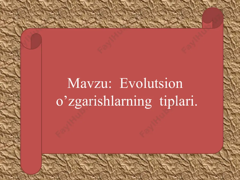 g o’xshash yo’nalishida evolutsion rivojlanishi va ularning bir xil yashash muhitiga moslashishi natijasida o’xshash belgilarga ega bo’lishidir. konvergent evolutsiya 13 mustahkamlash: parallel evolutsiyaga misollar keltiring. parallel evolutsiya mohiyatini izohlang. konvergent evolutsiyani mohiyatini izohlang. divergent evolutsiyaga misollar keltiring. evolutsiya tiplari haqida nimalarni bilasiz? 14 uyga vazifa 213- sahifadagi jadvalni to’ldiring. mavzuni so’ngidagi savollarga javob bering. mavzuni o’qib o’rganing. 15 uchun etboringiz uchun rahmat image1.jpeg image2.jpeg image3.jpeg image4.jpeg image5.jpeg image6.jpeg image7.jpeg image8.jpeg image9.jpeg image10.jpeg image11.jpeg image12.jpeg image13.jpeg image14.jpeg image15.jpeg /docprops/thumbnail.jpeg