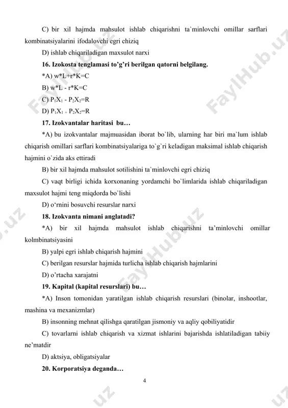 dan to’liq nazorat o’rnatishga asoslangan b) yakka hokimlik asosida ishlab chiqarishni tashkil etishga asoslangan c) ishlab chiqarishni reja asosida yurgazishga asoslangan d) ishlab chiqarishni ijtimoiy mulk va ijtimoiy mehnat asosida tashkil etishga qaratilgan 26. mahsuldorlikning kamayish qonuni… *a) tomas maltusning qonuni b) engel qonuni c) marshal qonuni d) talab qonuni 27. mahsulot ishlab chiqarish hajmi oshganda ham, kamayganda ham o`zgarmaydigan harajat *a) doimiy harajat b) o`zgaruvchan harajatlar c) yalpi harajatlar d) chekli harajatlar 28. mahsulot miqdori va narxi o`rtasidagi teskari bog`liqlik deb… *a) talab qonuniga aytiladi b) taklif qonuniga aytiladi c) giffen tovarlarga aytiladi d) chetlanishga aytiladi 29. masshtab samarasi bu… *a) bu ishlab chiqarish masshtabining kengayishi sur`ati bilan mahsulot ishlab chiqarishni o`sish sur`ati o`rtasidagi bog`liqlikni ifodalaydi b) boshqa omillar sarfi o`zgarmaganda bir birlik biror omildan qo`shimcha foydalanish hisobidan ishlab chiqarilgan qo`shimcha mahsulot c) oldin qilingan harajatlar bo`lib, ularni qaytadan tiklash mumkin emas ishlab chiqarish davrining uzunligi d) to’g’ri javob …