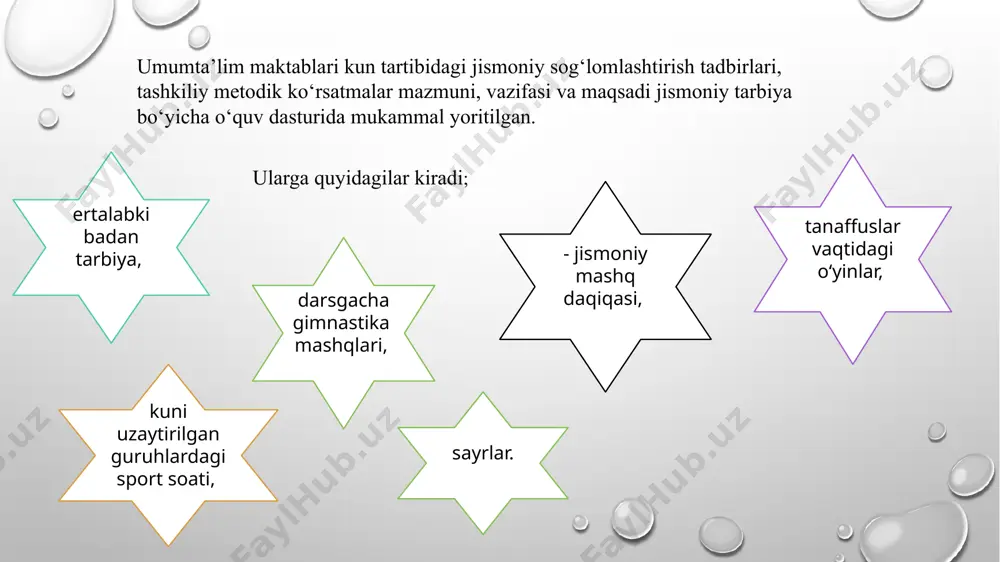 n o‘tirish va hakazolar. 4-mashqi esa tinchlantiruvchi va oddiy mashqlar bo‘lishi kerak. katta tanaffusda o‘tiladigan o‘yinlar. uning maqsadi: o‘quvchilar sog‘lig‘ini mustahkamlash va faol dam olish, chiniqish, aqliy va jismoniy ish qobiliyatlarini oshirish, jismoniy mashqlarni muntazam ravishda bajarishni odat tusiga kiritishdan iboratdir. katta tanaffuslarda o‘tkaziladigan o‘yinlarni o‘tkazish quyi sinf o‘quvchilari uchun quyidagilarni amalga oshirishga yordam beradi: harakat faoliyatini oshirishga; faol va mazmunli dam olishni va hordiq chiqarishni tashkil etishga; butun organizm tonusini va ish qobiliyatining tezroq tiklanishini ta’minlashga; jismoniy mashqlar bilan mustaqil shug‘ullanish ko‘nikmalarini shakllantirishga. o‘yinlarni va jismoniy mashqlarni quyi sinf o‘quvchilari organizmining psixologik-fiziologik xususiyatlarini hisobga olgan holda o‘tkazish zarur. kuni uzaytirilgan guruhlarda kundalik sport soatlari. uning maqsadi: o‘quvchilar sog‘lig‘ini mustahhkamlash, aqliy va jismoniy zo‘riqishlarning oldini olishdan iborat. guruhlar bo‘yicha tashkil etilgan mashg‘ulotlar o‘quvchilarni jismoniy tarbiyalash bo‘yicha bir qancha vazifalarni hal etish imkonini beradi, aqliy faoliyatning jismoniy faoliyat bilan almashuviga yordamlashadi, faol hordiq chiqarish uchun qulay sharoit, yaxshi kayfiyat, ijobiy hissiyot …