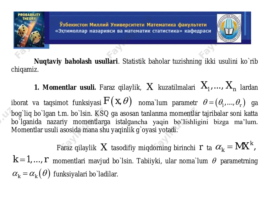 sol. noma’lum 0  parametrli (0, )r  tekis taqsimot berilgan bo’lsin.  parameter uchun momentlar usulida bahosini topamiz. ma’lumki nazariy matematik kutilma 2 m    ekanligidan, 1 2n x  bahoga ega bo’lamiz. bu momentlar usuli bahosi bo’ladi. endi momentlar usuli bahosini k-tartibli momentlar orqali topamiz.: 10 1 1 1 k n k k k k i i m x dx x x k n            bundan esa ( 1) kk kn k x   momentlar usuli bahosi bo’ladi. 3-misol. aytaylik bosh to’plam ( ,1)n  , 0  parametrli normal taqsimotga ega bo’lsin. noma’lum parametrni momentlar usuli bahosini topamiz: m  ekanligidan 1 1 1 n n i i x x n     momentlar usuli bahosi bo’ladi. shartga ko’ra 0  , lekin x manfiy bo’lishi ham mumkin. shuning uchun agar 0x …
