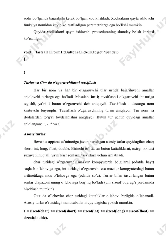 dagi munosabatlarni quyidagicha yozish mumkin: 1 = sizeof(char) (katta); = (katta yoki teng). agar operandlar qo’yilgan shartni qanoatlantirsa , u holda taqqoslash amallari natijada 1 qiymatni beradi, aks holda esa 0 qiymatni beradi. butunga bo’lish amali butun natijani beradi: 7/2 = 3. butun kattaliklar ustida % - qoldiqni hisoblash amali bajariladi: 7%2 = 1. o’zlashtirishda va arifmetik amallarda c++ ularni guruhlash uchun asosiy turlar o’rtasida barcha ma’noli almashtirishlarni bajaradi: double d = 1; int i = 1; d = d + i; i = d + i; satriy turlar c++ da belgilarning biron-bir ketma-ketligi (massivlar) dan iborat matn qatorlarini xotirada saqlash uchun maxsus ansistring ma’lumotlar turi qo’llaniladi. «stroka» - «satr» turidagi o’zgaruvchilar barcha boshqa o’zgaruvchilar kabi e’lon va initsializatsiya qilinadi. kompilyatorga navbatdagi belgilar ketma-ketligi yangi o’zgaruvchining nomi emas, balki satr ekanligini bildirish uchun satrlar bittalik qo’shtirnoq ichiga olinadi. misol: ansistring st = ‘matn qatori’; satr turidagi o’zgaruvchilar ustida boshqa satr …