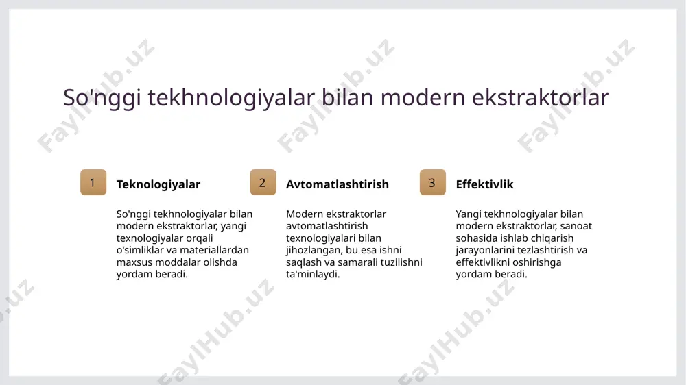 b, asal mahsulotlarni ajratib olishda muhim ahamiyatga ega. ularning roli oziq-ovqat ishlab chiqarish jarayonlarida juda muhimdir. 03 oziq-ovqat sohasidagi ekstraktorlarning saqlash tizimlari ekstraktorlar oziq-ovqat mahsulotlarini saqlashda ham muhim ahamiyatga ega. ularning yordamida mahsulotlar saqlash davrida xavfsizlik va sifatni saqlab qolish ta'minlangan. ekstraktorlarning farmatsevtika sohasidagi foydalanish usullari ekstraktorlar farmatsevtika sohasidagi foydalanish usullarini o'rganishda katta ahamiyatga ega. ular tincturalar, ekstraktlar va yuqori sifatli meditsinal materiallar hosil qilishda keng qo'llaniladi. bu soha farmatsevtika sanoatida innovatsiyalar va texnologiyalar uchun muhimdir. photo by girl with red hat on unsplash ekstraktorlarning kimyo sanoati uchun yangiliklar va ularning ta'siri 1 kimyo sanoati yangiliklari - kimyo sanoatida nanotexnologiyalar, avtomatlashtirilgan jarayonlar va biotexnologiyalar keng qo'llanilmoqda. bu yangiliklar texnik rivojlanishga olib kelmoqda. 2 nanotexnologiyalar va ularning ta'siri - nanotexnologiyalar kimyo sanoatidagi materiallar va uskunalarda yangiliklar yaratishda katta ahamiyatga ega. ular kimyo jarayonlarni optimallashtirishga yordam beradi. 3 avtomatlashtirilgan texnologiyalar - avtomatlashtirilgan texnologiyalar kimyo sanoatida jarayonlarni tezroq, samarali va xatolarini minimallashtirib, ishlab …