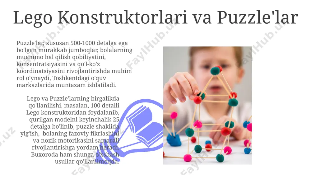 natijalariga ko'ra, bolalarning yozuv ko'nikmalari 20% ga oshgan. "nozik motorika uchun qiziqarli mashqlar" dasturida 5 yoshgacha bo'lgan bolalar uchun samarqanddagi 3 ta turli xil qo'l harakatlarini rivojlantiruvchi o'yinlar, jumladan, munchoq terish va plastilin bilan ishlash usullari taklif etiladi. mayda motor ko'nikmalarini rivojlantiruvchi o'yinlar тошкент шаҳридаги 3 та болалар ривожланиш марказида ўтказилган тадқиқотлар майда мотор кўникмаларининг ривожланишида мунтазам равишда 15 дақиқалик ўйинларнинг самарадорлигини 85% га оширишини кўрсатди. қўл ва бармоқларнинг майда ҳаракатларини ривожлантириш учун, 10 тадан ортиқ хилдаги машғулотларни ўз ичига олган "мозайка" ўйини андижон вилоятидаги мактабларда муваффақиятли қўлланилмоқда. kichik ob'ektlar bilаn o'yinlar самарқанддаги мактабларда ўқувчиларга 10 та турли хилдаги майда буюмлар (тугмалар, монеталар)ни саралаш ва тартиблаш бўйича ўйинлар ўргатилмоқда, бу эса уларнинг диққат-эътиборини ва майда моторли кўникмаларини ривожлантиради. 5 ёшдан 7 ёшгача бўлган болалар учун тошкентдаги ўйинчоқ дўконларида сотиладиган майда конструкторлардан фойдаланиб, 3d моделлар ясаш, бу майда моторли кўникмаларни ривожлантиришга ёрдам беради. e'tiboringiz uchun rahmat @taqdimot_robot image4.jpg image5.jpg image6.jpg image7.jpg …