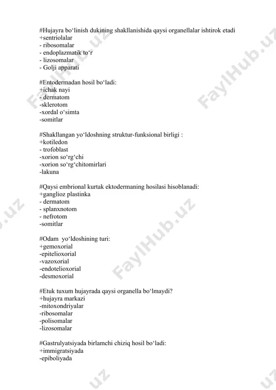 : +bazal, tikanaksimon, donador, yaltiroq, muguz -bazal, donador, tikanasimon, yaltiroq, muguz -bazal, yaltiroq, tikanaksimon, donador, muguz -bazal, tikanaksimon, yaltiroq, donador, muguz -bazal, tikanaksimon, donador, muguz, yaltiroq #bez hujayralarining apokrin sekretsiyasida: +hujayralarning apikal qismi parchalanadi -hujayra tuzilmalari to’liq parchalanadi -hujayralarning bazal qismi qisman parchalanadi -hujayralar yadrosi parchalanadi -hujayra tuzilmalari parchalanmaydi #ekzokrin bezlarning morfologik klassifikatsiyasi asoslangan: +oxirgi bo‘limlari va naylarining tuzilishiga -sekretini ajratish usuliga -sekretining kimeviy tarkibiga -oxirgi bo‘limlarining joylashishishga -bezlarning taraqqiyot manbalariga #gistaminni kamaytirishda qatnashadigan leykotsitlar: +eozinofillar -neytrofillar -bazofillar -limfotsitlar -monotsitlar #quyidagi a'zolardan qaysi birida faqat xomila davrida qon yaratiladi: +jigarda -suyak kumigida -taloqda -limfa tugunida -timusda #eritropoezning qaysi davrida yadrolari chiqib ketadi: +oksifil normotsitda -bazofil normotsitda -eritroblastda -proeritroblastda -polixromatofil normotsitda #osteon bu: +naysimon suyakning struktur-funksional birligi -suyak to’qimasining xujayrasi -suyak to’qimasining oraliq moddasi -suyak to’qimasining rivojlanish manbai -osteogen xujayralar #plazmatik hujayralarga yahshi rivojlangan organellani aniqlang: +donador endoplazmatik to‘r -ribosoma va polisomalar -golji kompleksi -mitoxondriya -lizosoma. #makrofaglarga yahshi rivojlangan organellani aniqlang: …